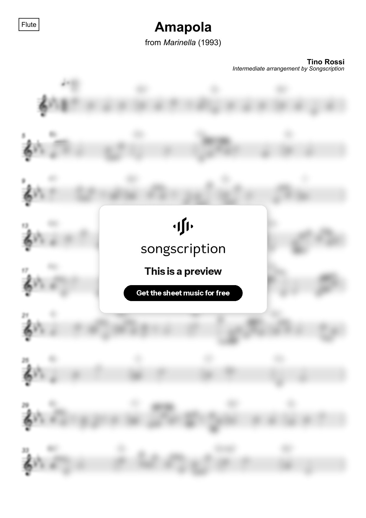 Intermediate Flute Sheet Music for "Amapola" by Tino Rossi