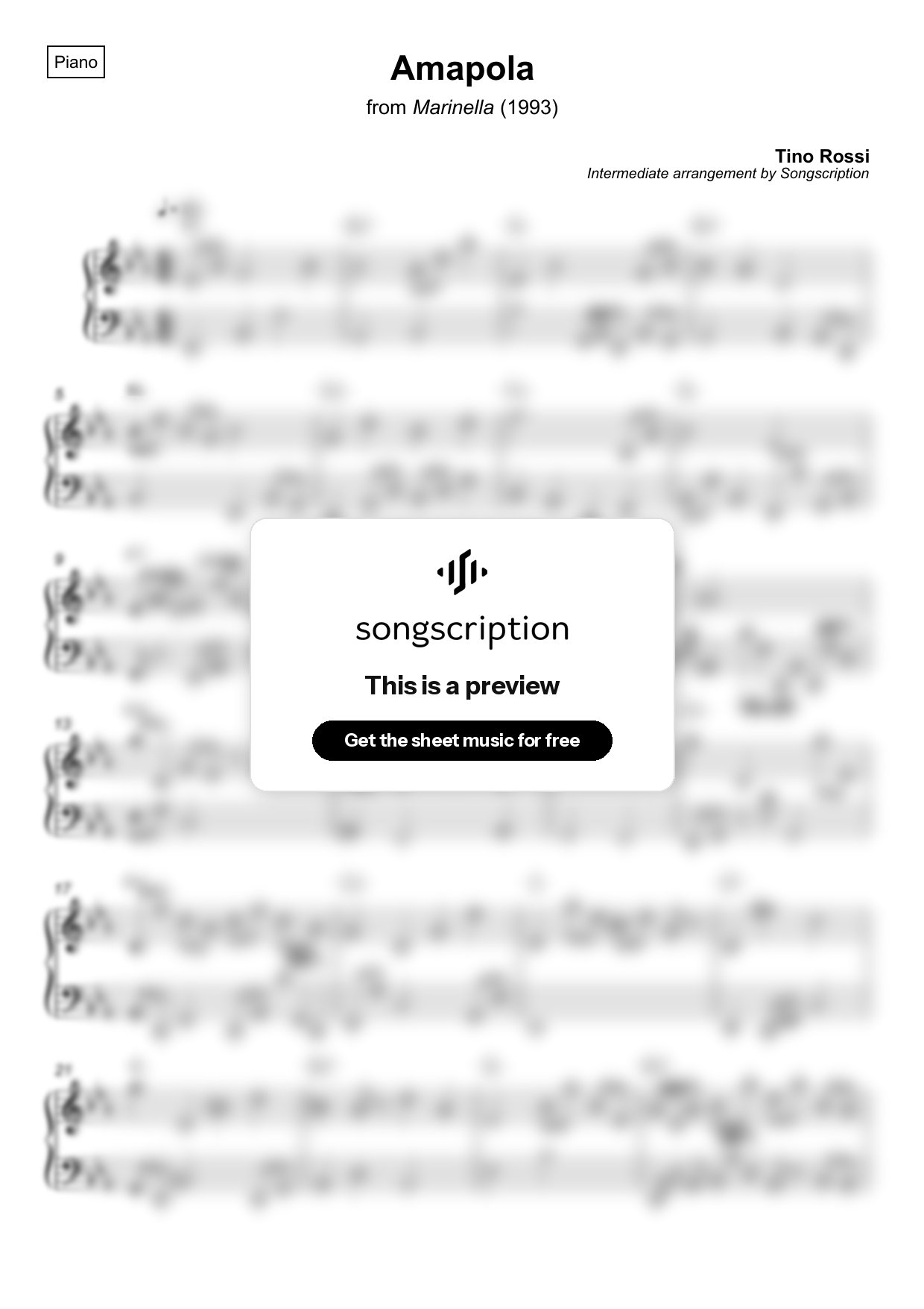 Intermediate Piano Sheet Music for "Amapola" by Tino Rossi