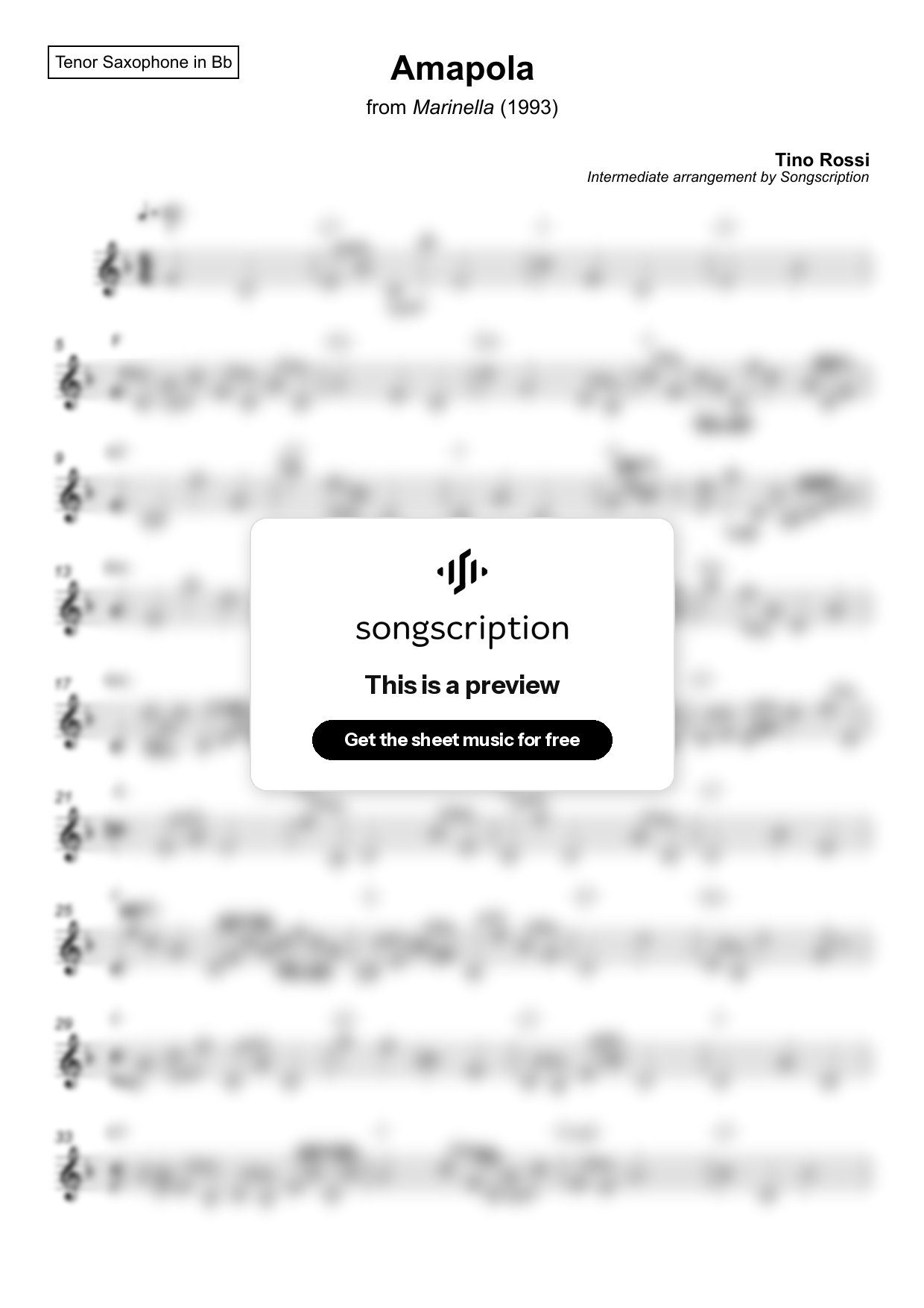 Intermediate Tenor Sax Sheet Music for "Amapola" by Tino Rossi