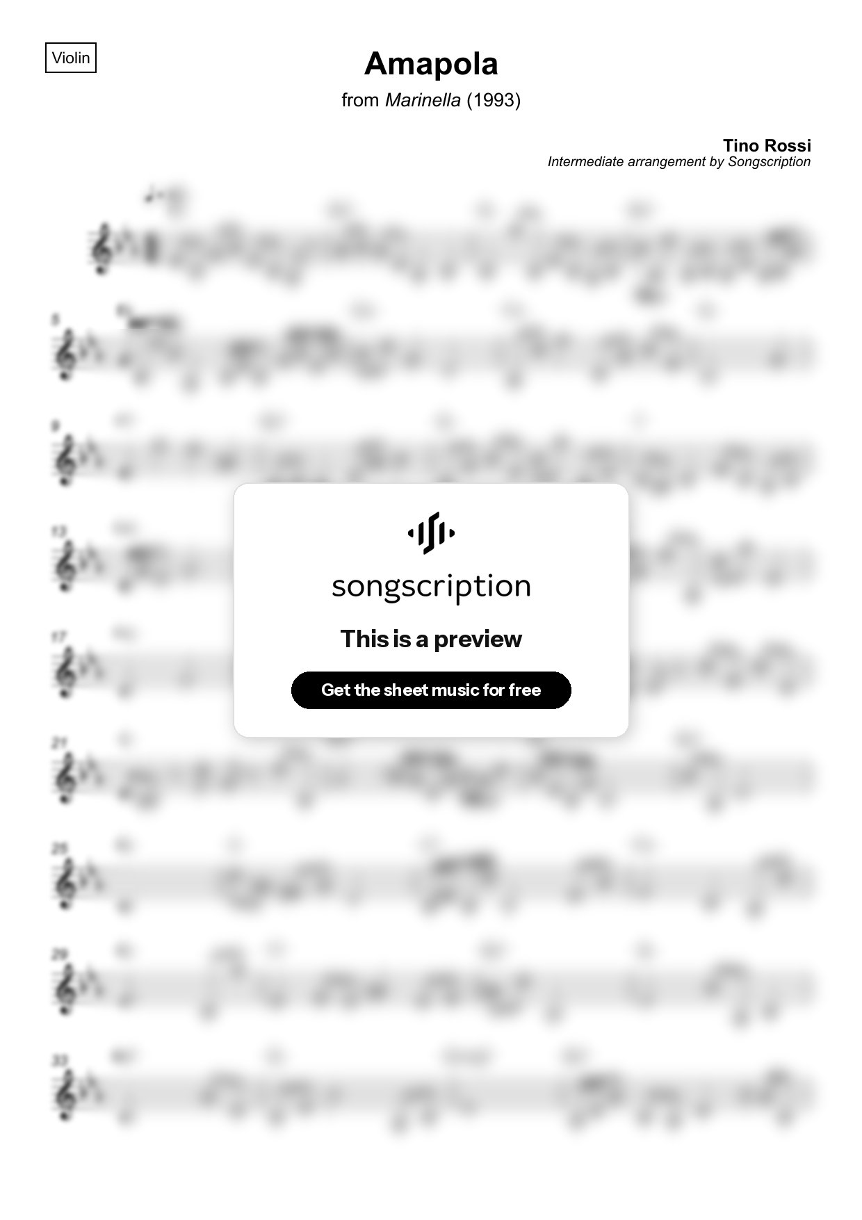 Intermediate Violin Sheet Music for "Amapola" by Tino Rossi