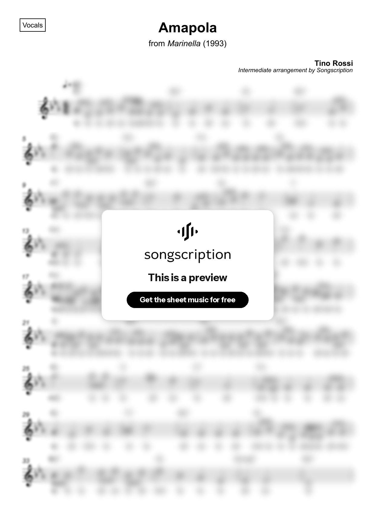 Intermediate Vocals Sheet Music for "Amapola" by Tino Rossi