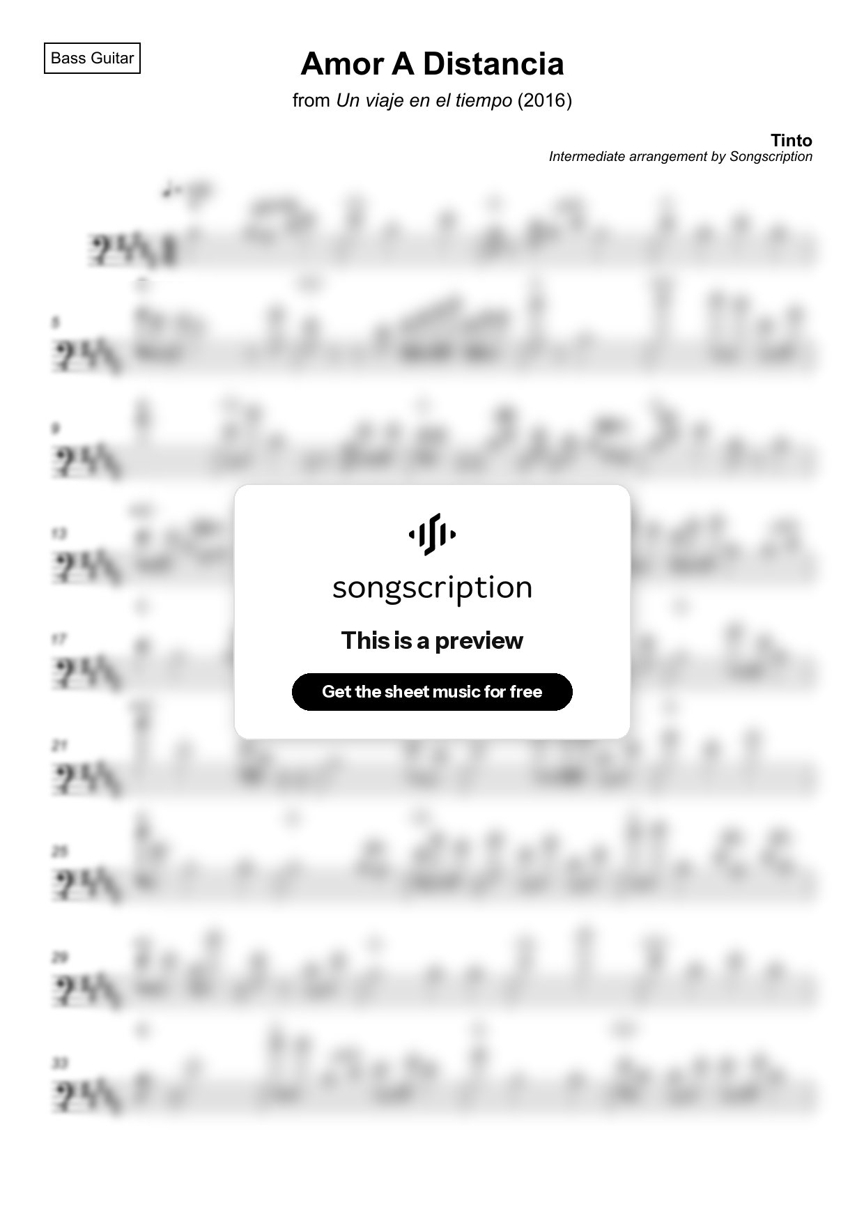 Intermediate Bass Guitar Sheet Music for "Amor A Distancia" by Tinto