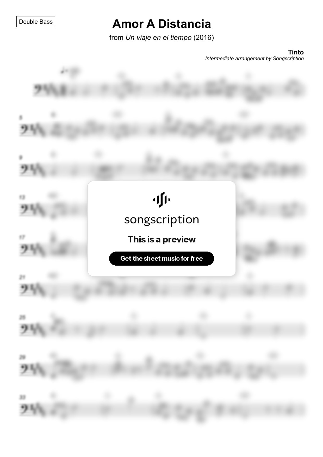 Intermediate Double Bass Sheet Music for "Amor A Distancia" by Tinto