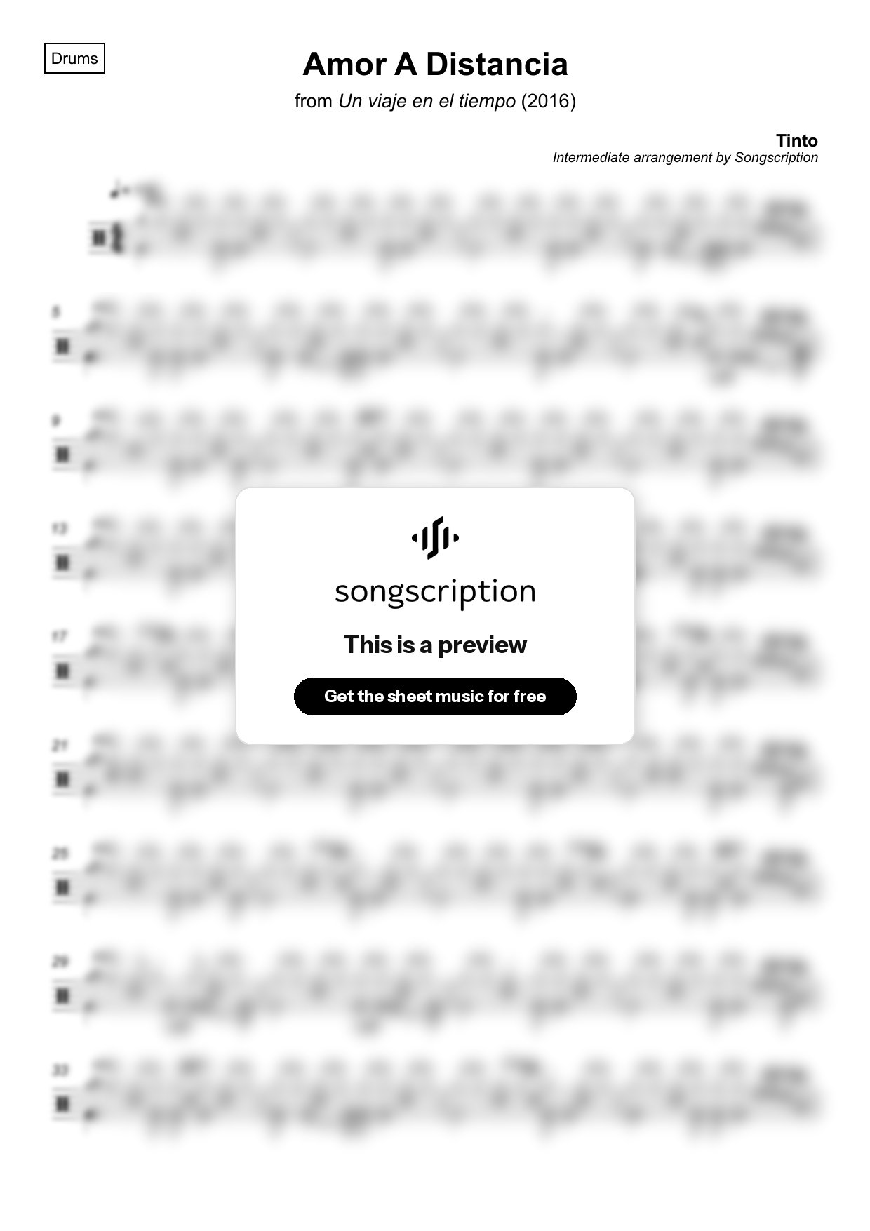 Intermediate Drums Sheet Music for "Amor A Distancia" by Tinto