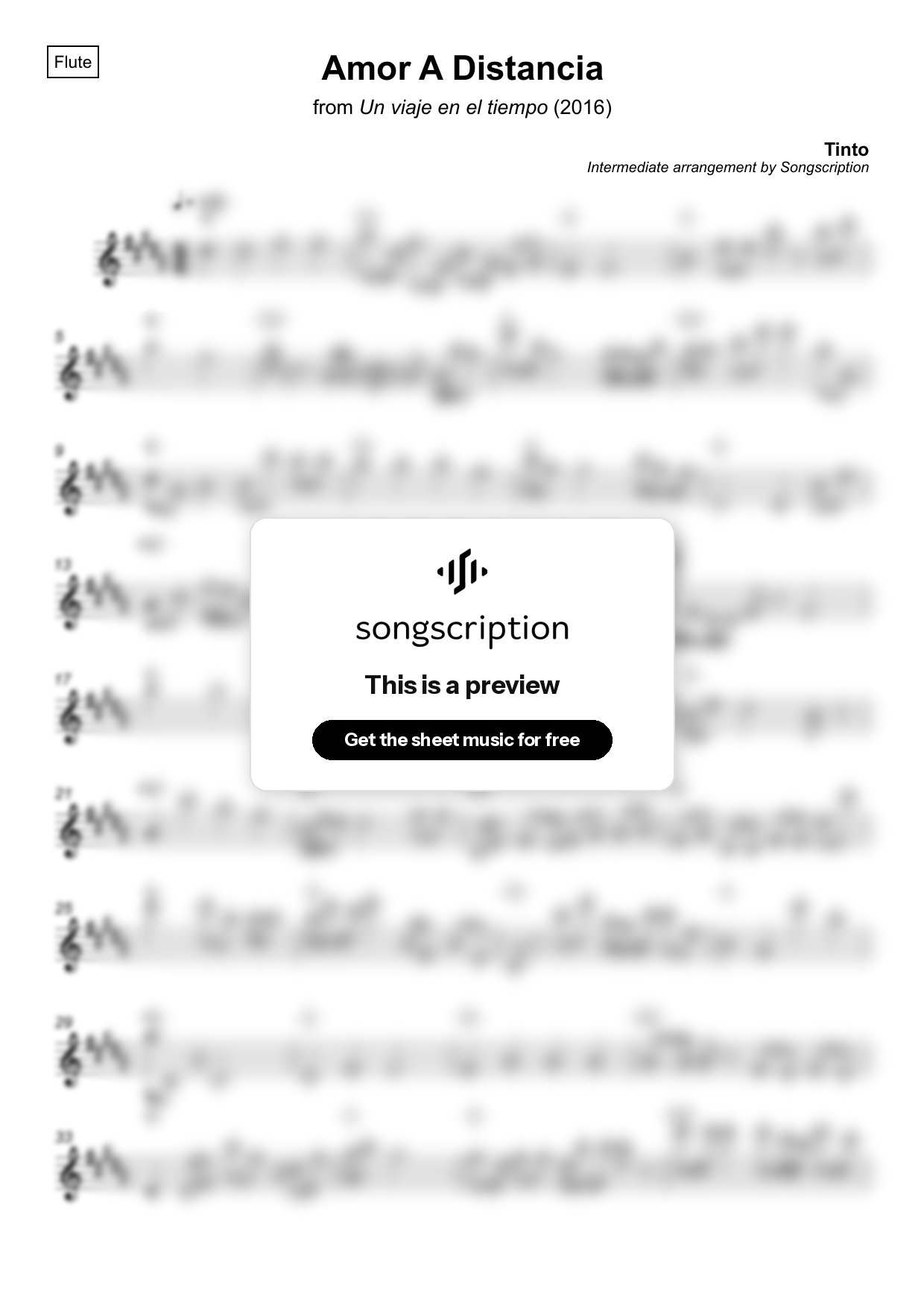 Intermediate Flute Sheet Music for "Amor A Distancia" by Tinto