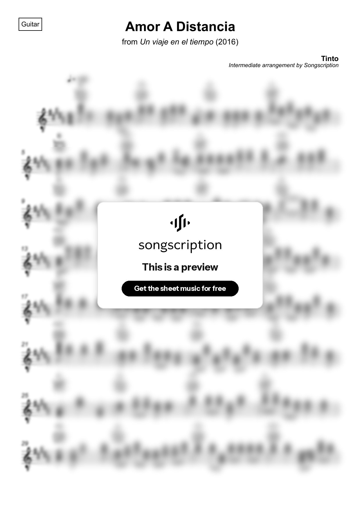 Intermediate Acoustic Guitar Sheet Music for "Amor A Distancia" by Tinto