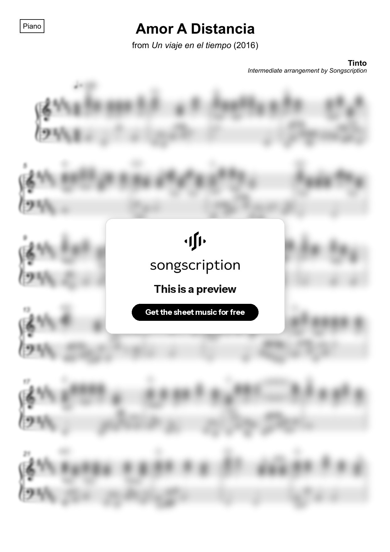 Intermediate Piano Sheet Music for "Amor A Distancia" by Tinto