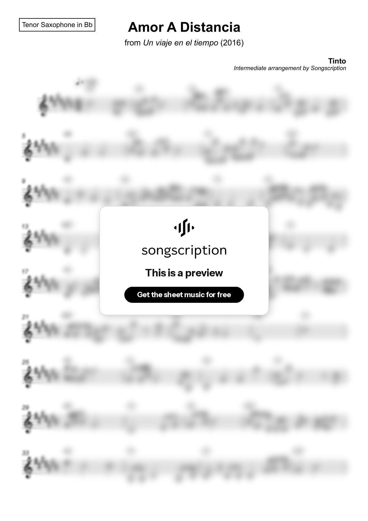 Intermediate Tenor Sax Sheet Music for "Amor A Distancia" by Tinto