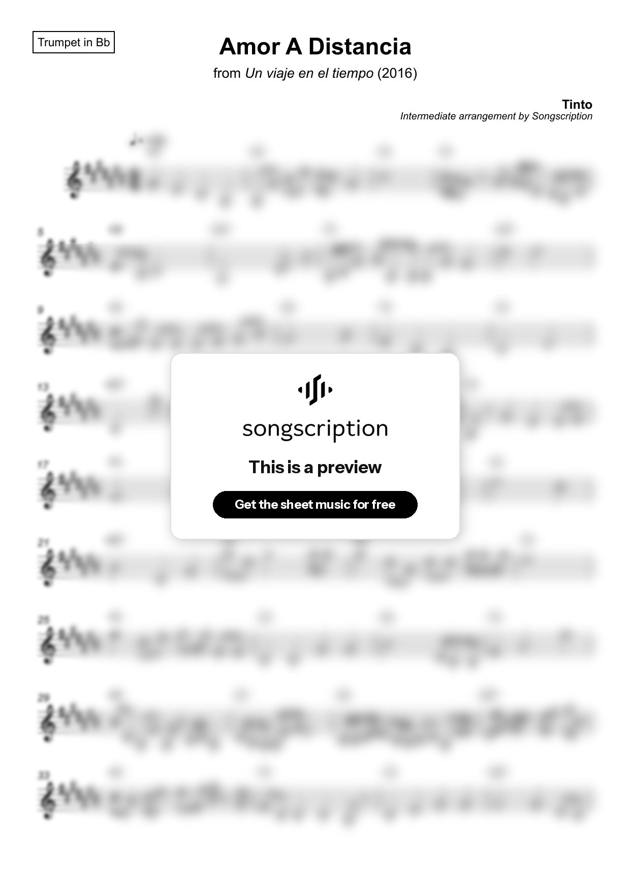 Intermediate Trumpet Sheet Music for "Amor A Distancia" by Tinto