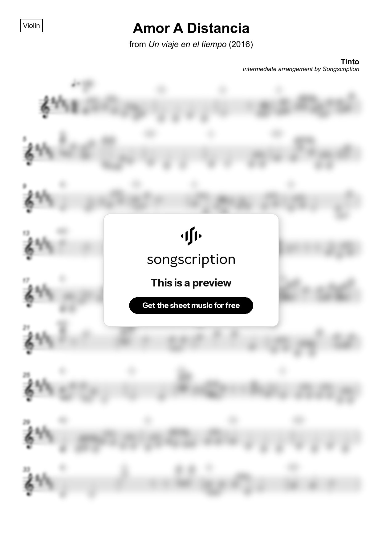 Intermediate Violin Sheet Music for "Amor A Distancia" by Tinto