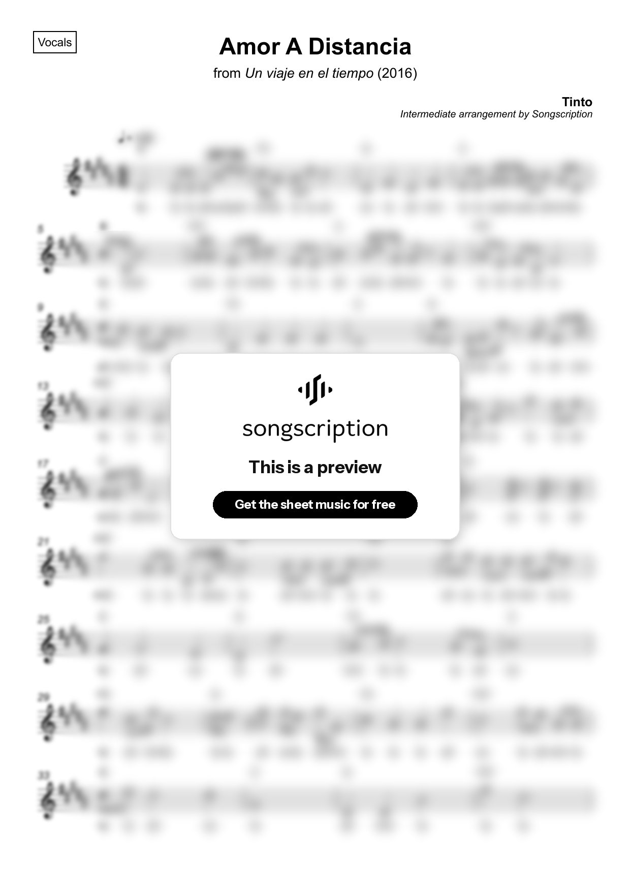 Intermediate Vocals Sheet Music for "Amor A Distancia" by Tinto