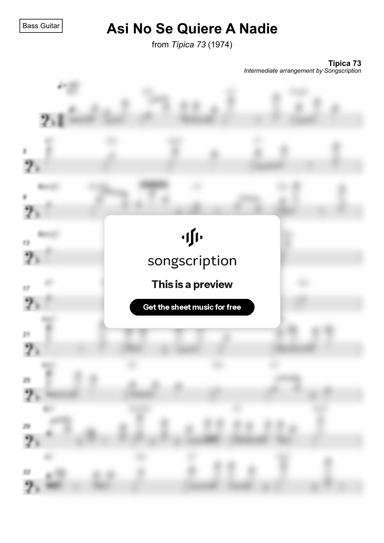 Intermediate Bass Guitar Sheet Music for "Asi No Se Quiere A Nadie" by Tipica 73