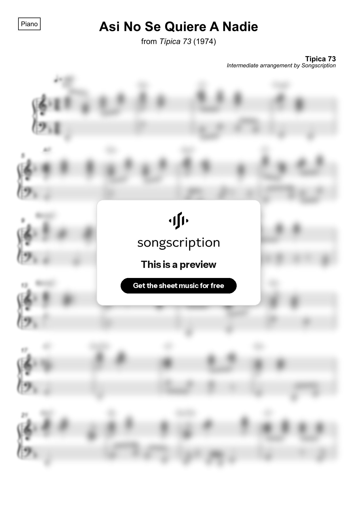 Intermediate Piano Sheet Music for "Asi No Se Quiere A Nadie" by Tipica 73