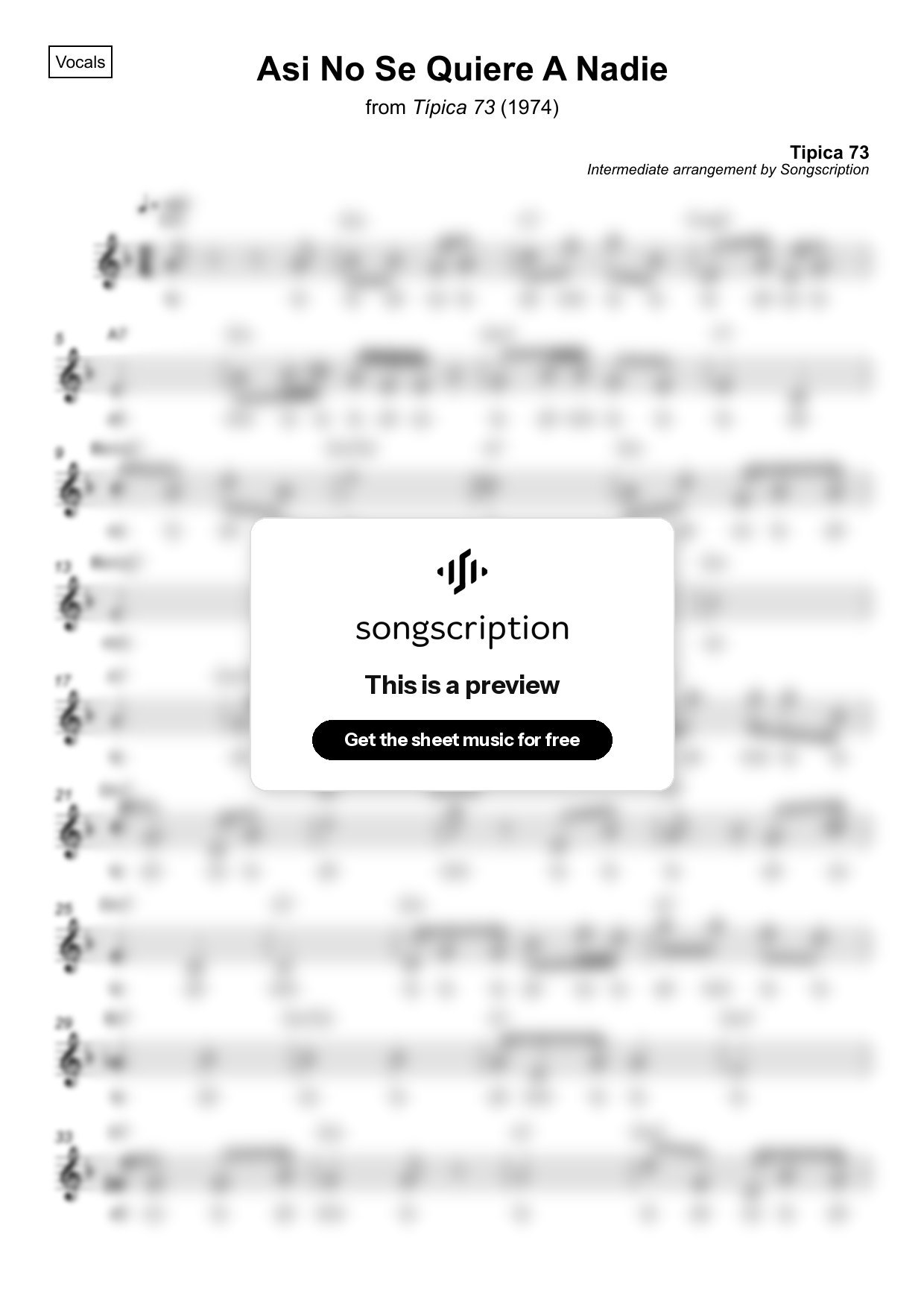 Intermediate Vocals Sheet Music for "Asi No Se Quiere A Nadie" by Tipica 73