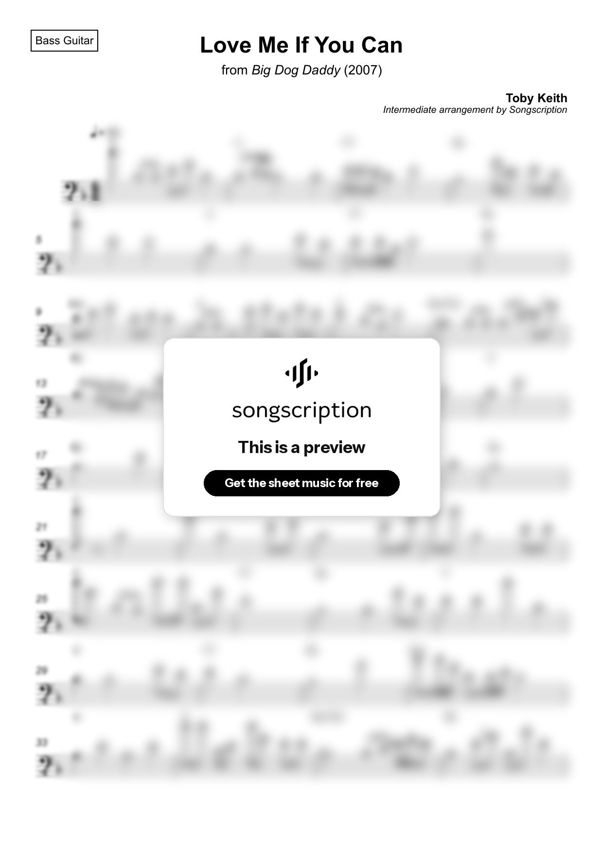 Intermediate Bass Guitar Sheet Music for "Love Me If You Can" by Toby Keith