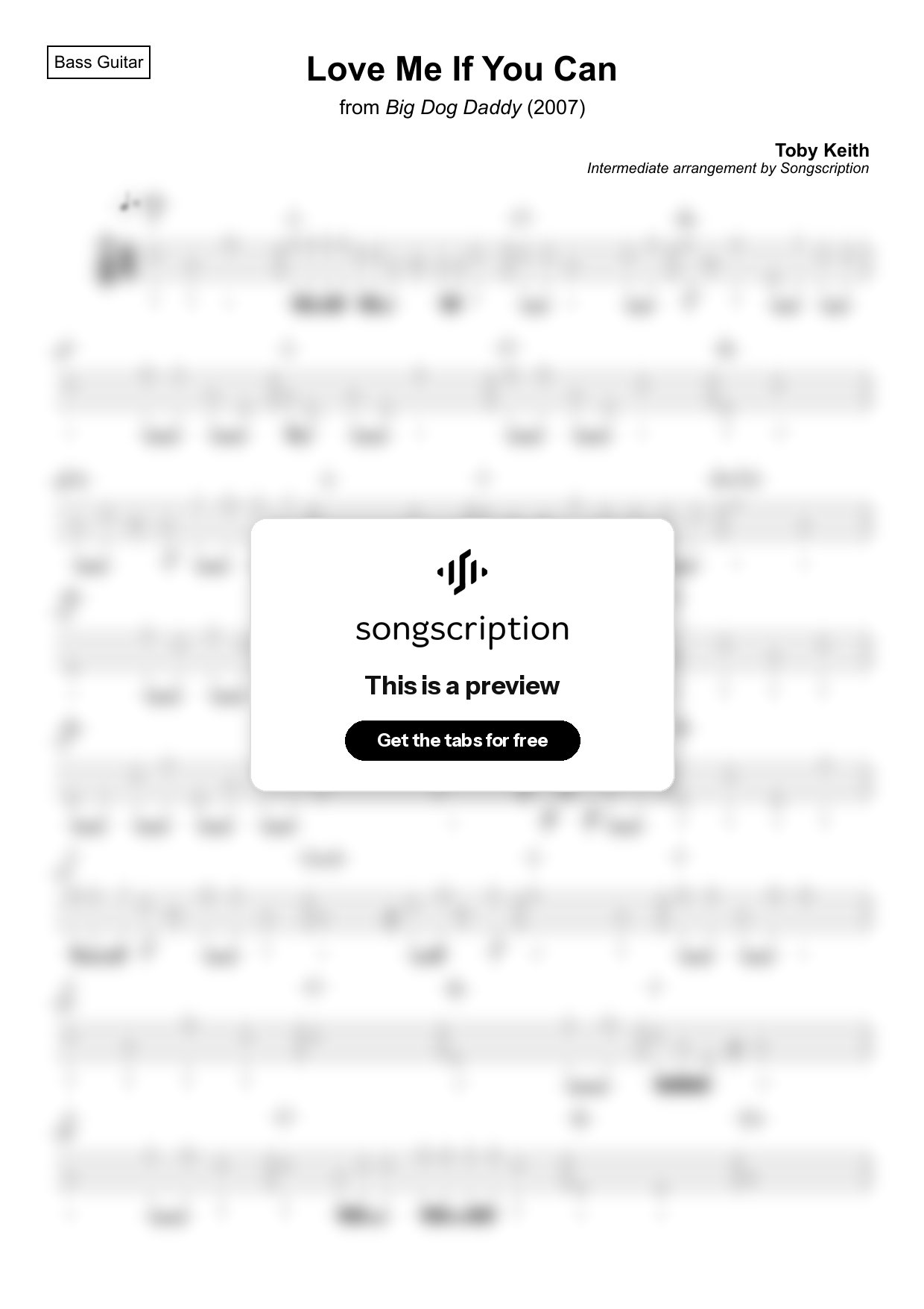 Intermediate Bass Guitar Tabs for "Love Me If You Can" by Toby Keith