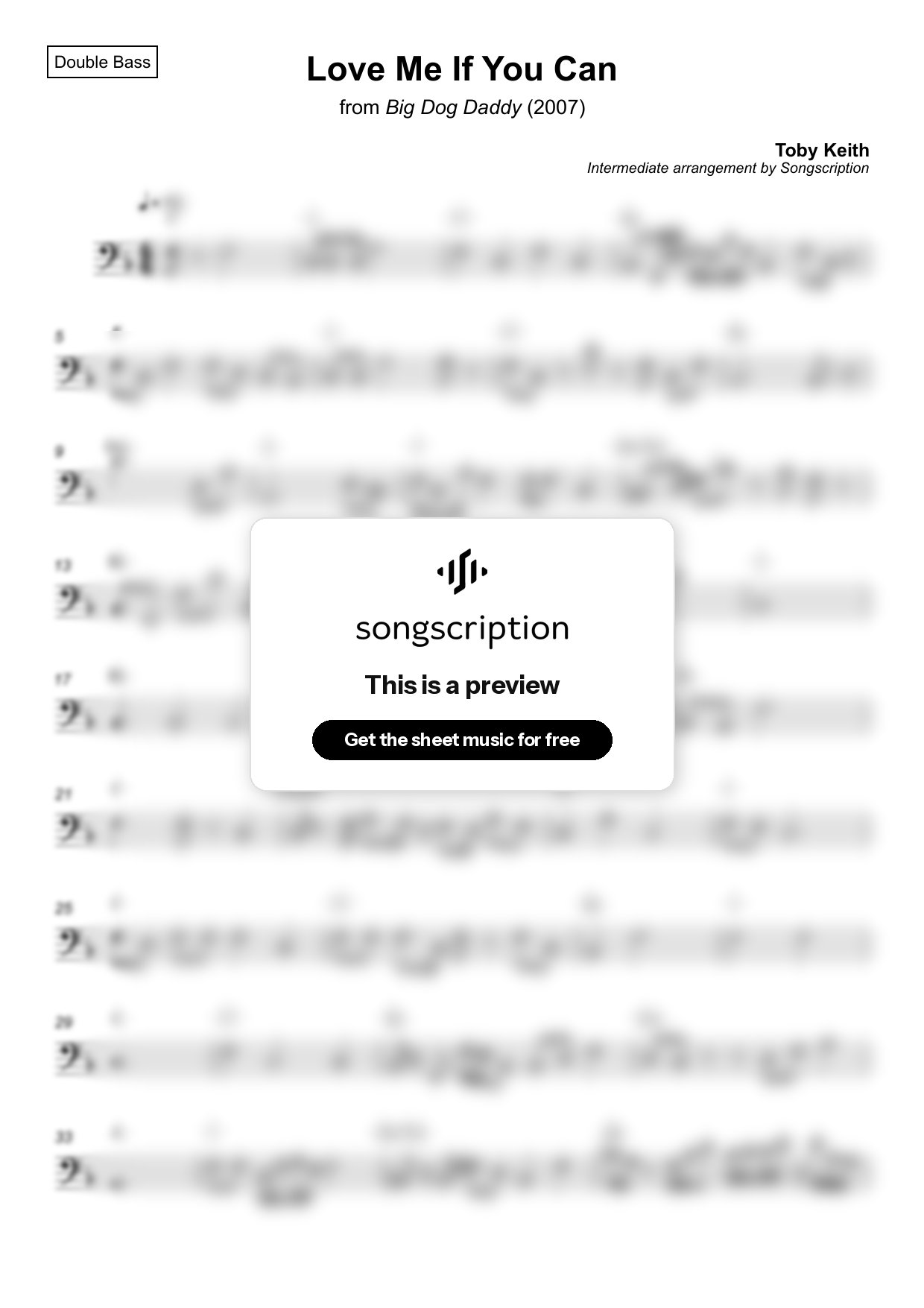 Intermediate Double Bass Sheet Music for "Love Me If You Can" by Toby Keith