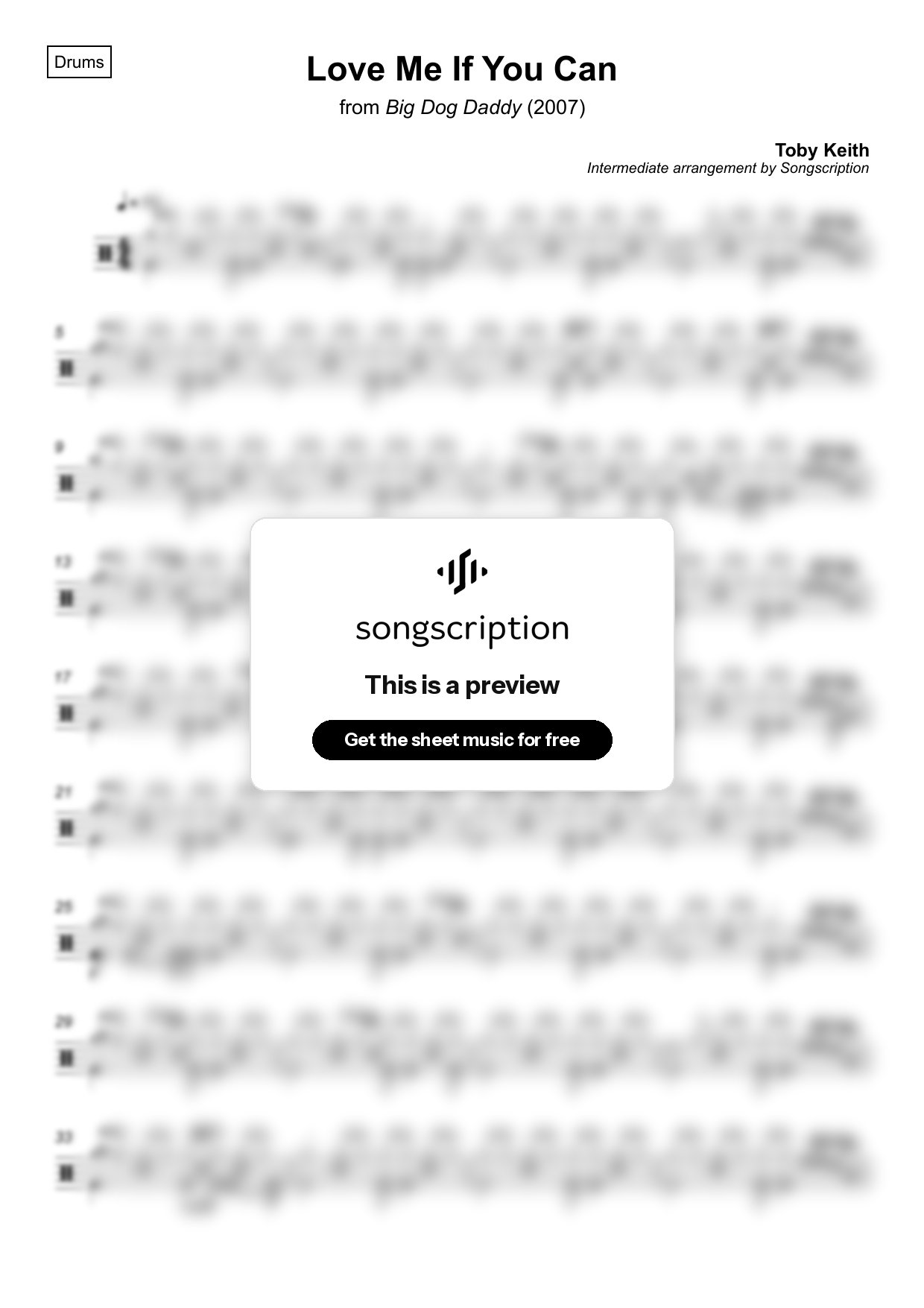 Intermediate Drums Sheet Music for "Love Me If You Can" by Toby Keith