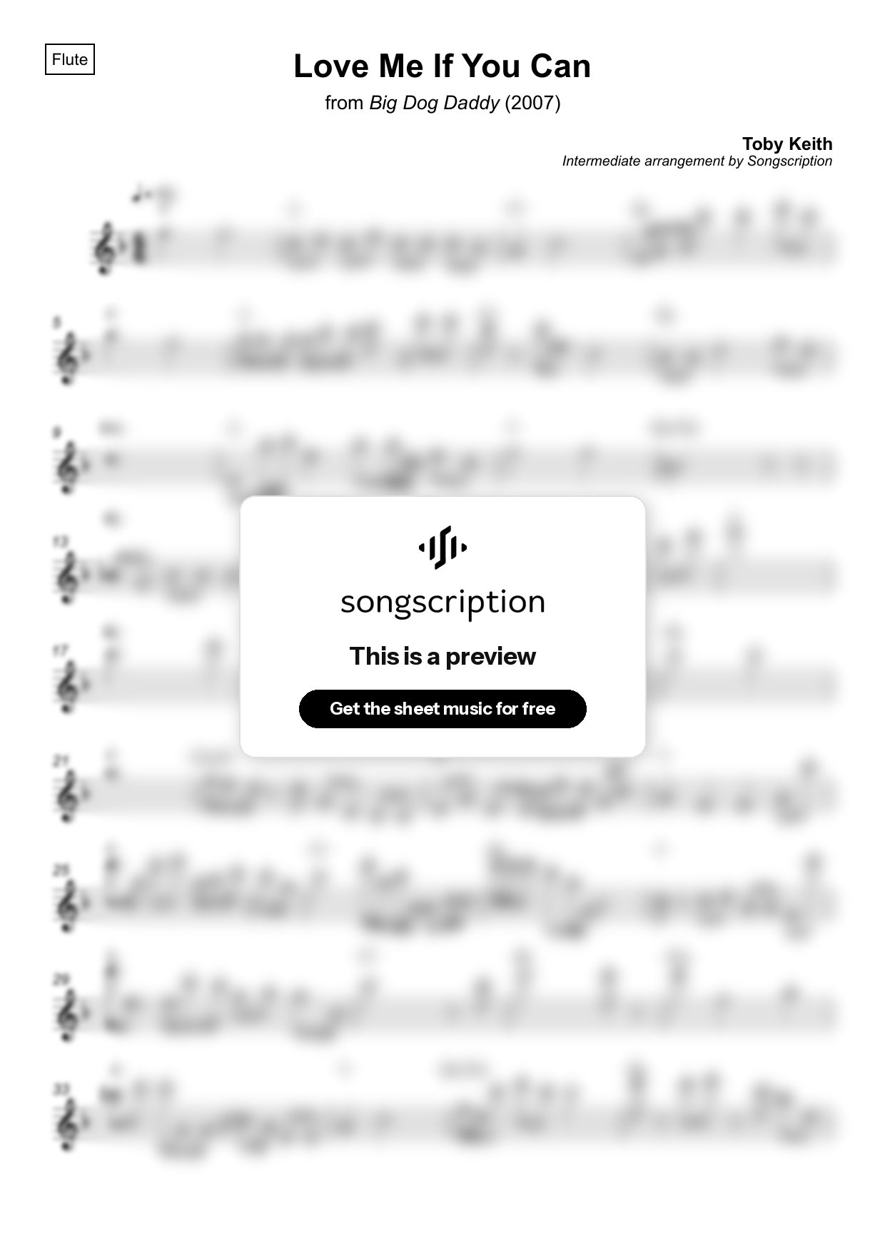 Intermediate Flute Sheet Music for "Love Me If You Can" by Toby Keith