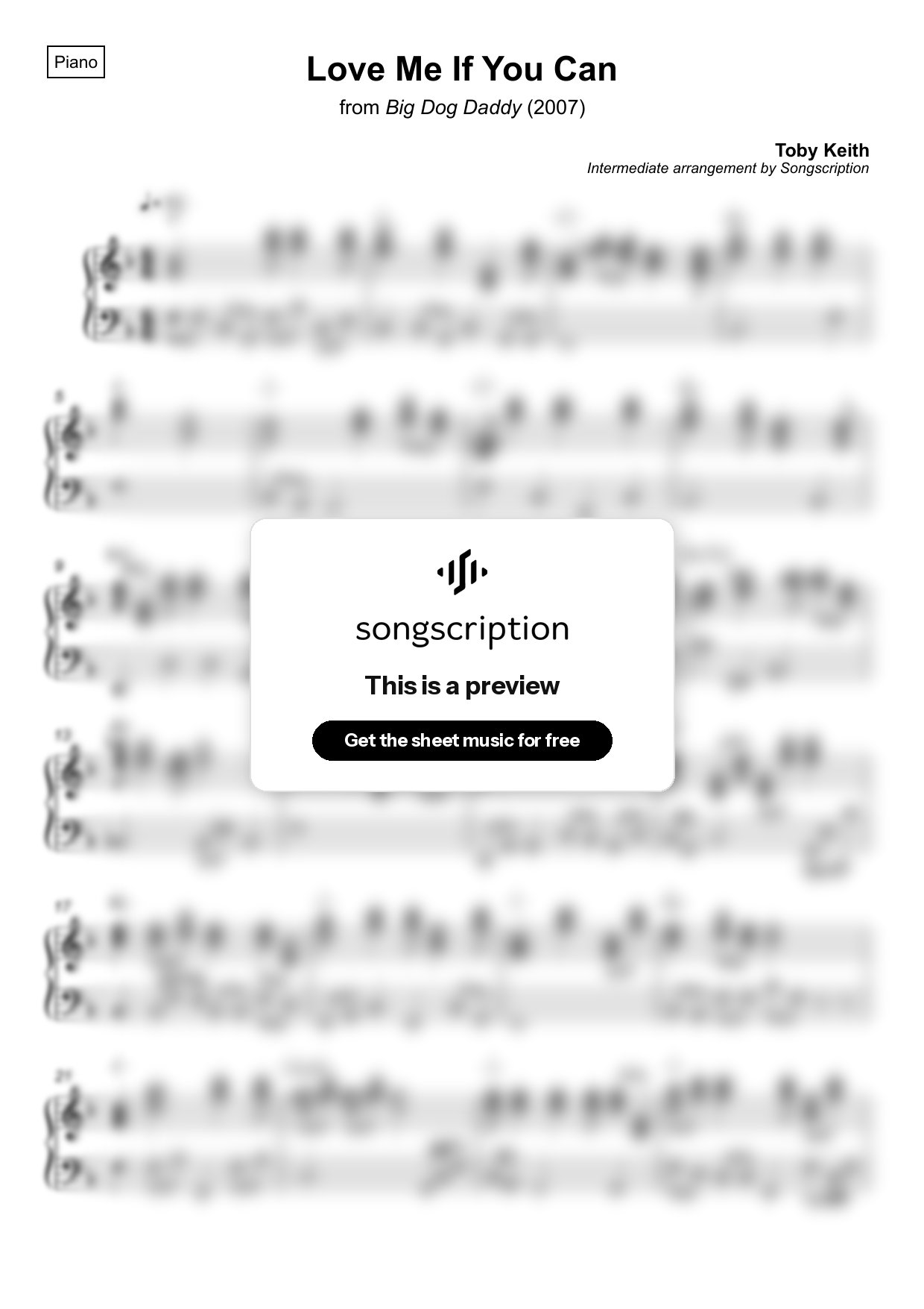 Intermediate Piano Sheet Music for "Love Me If You Can" by Toby Keith