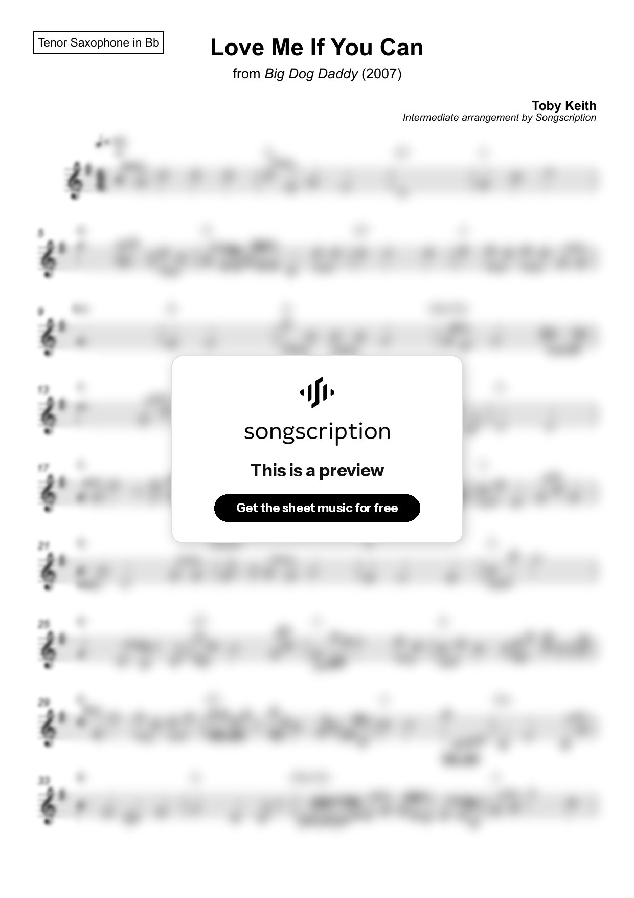 Intermediate Tenor Sax Sheet Music for "Love Me If You Can" by Toby Keith