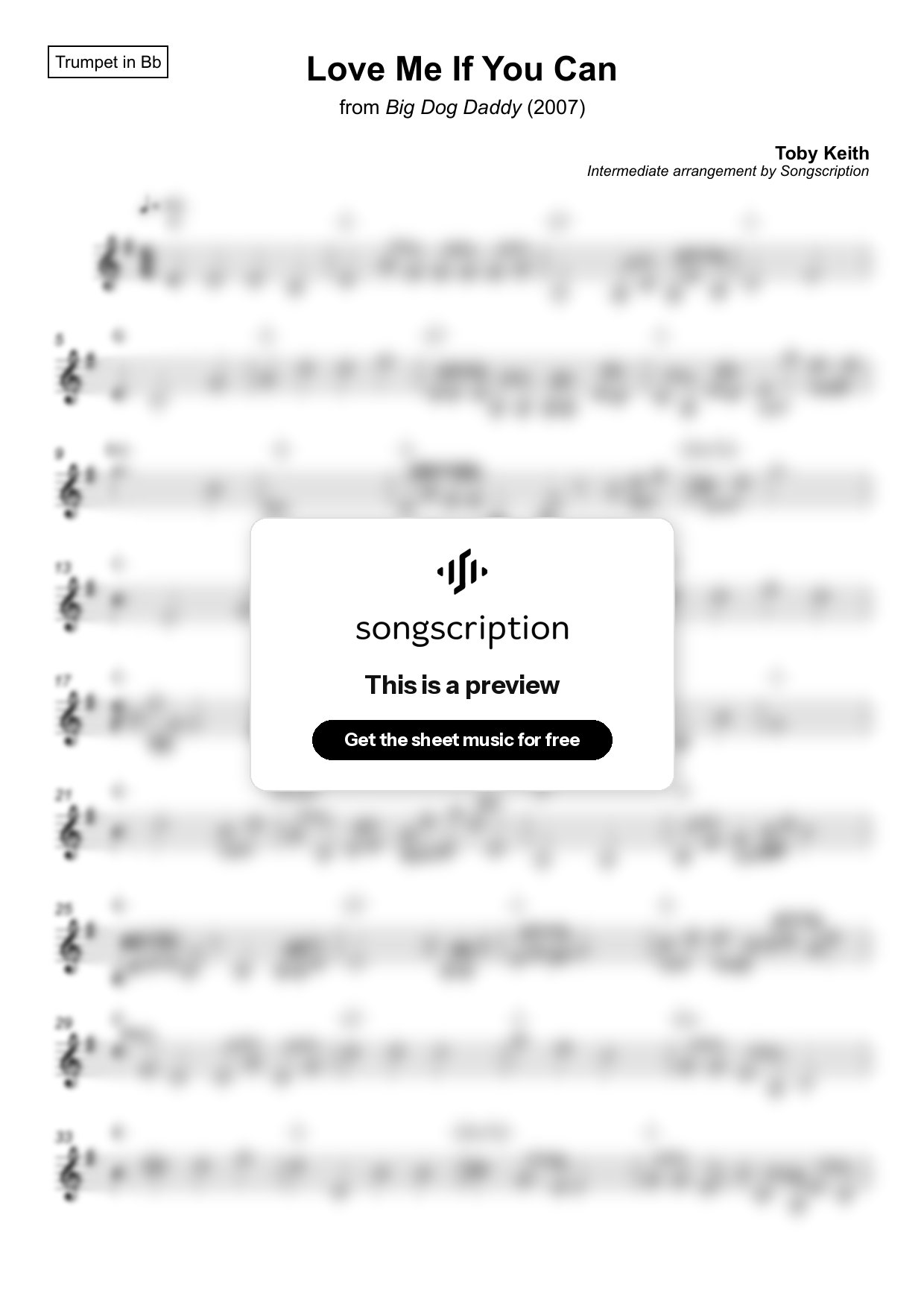 Intermediate Trumpet Sheet Music for "Love Me If You Can" by Toby Keith