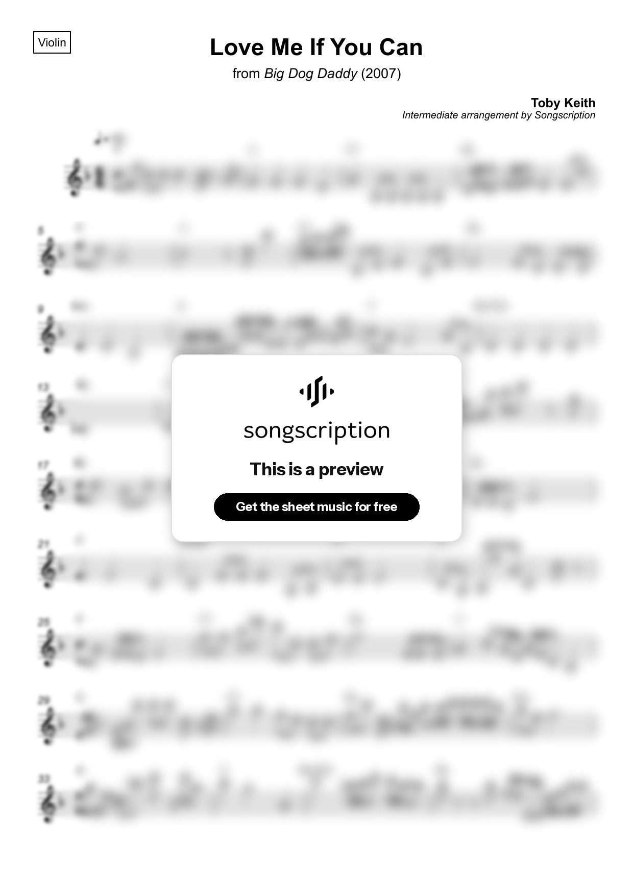 Intermediate Violin Sheet Music for "Love Me If You Can" by Toby Keith