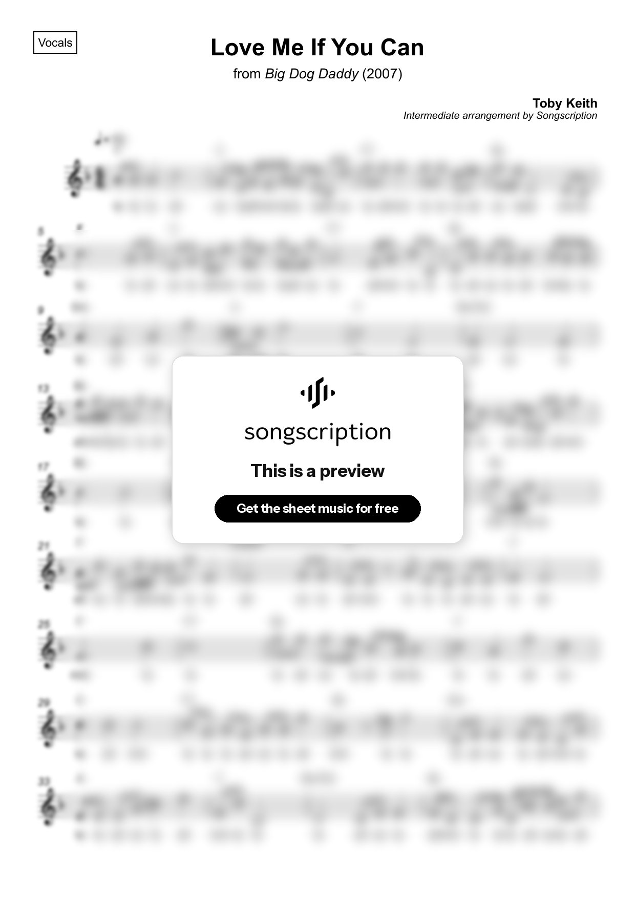Intermediate Vocals Sheet Music for "Love Me If You Can" by Toby Keith