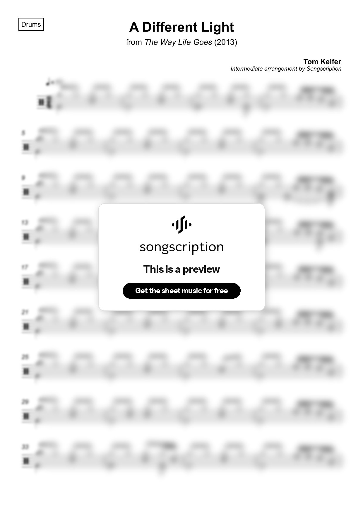 Intermediate Drums Sheet Music for "A Different Light" by Tom Keifer