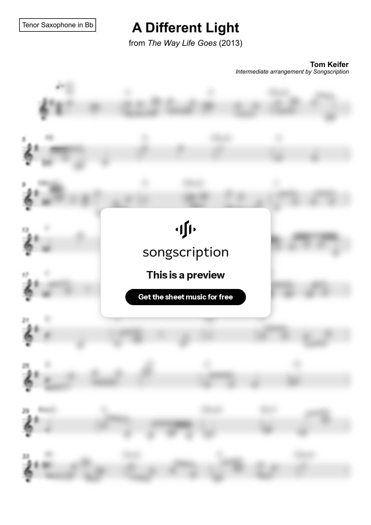 Intermediate Tenor Sax Sheet Music for "A Different Light" by Tom Keifer