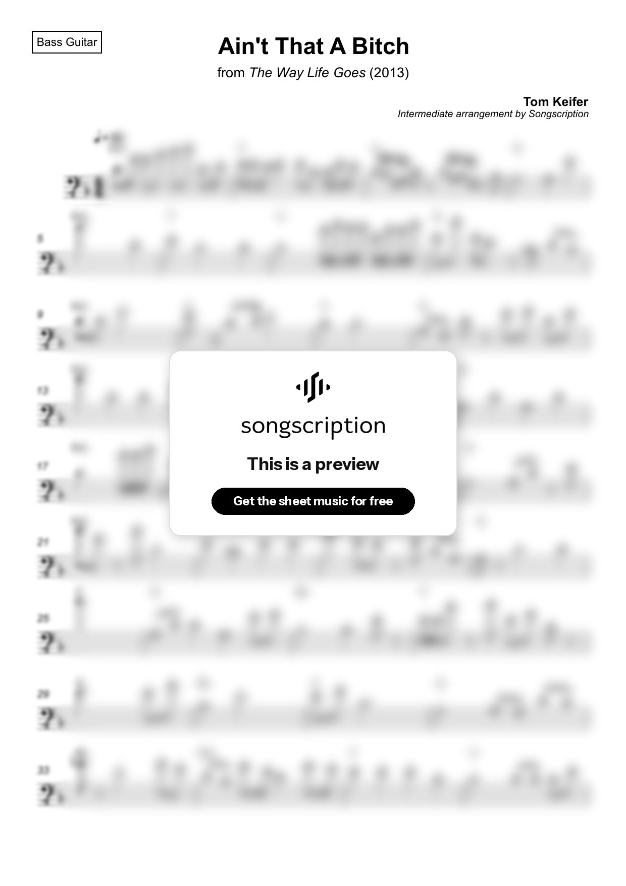 Intermediate Bass Guitar Sheet Music for "Ain't That A Bitch" by Tom Keifer