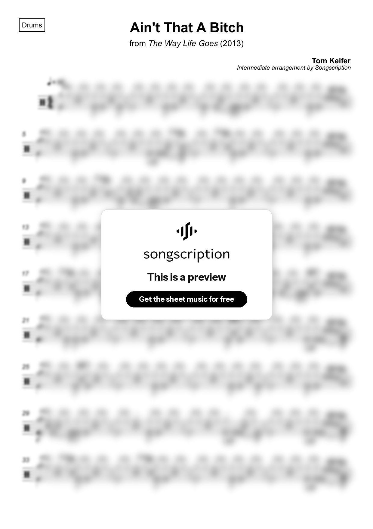 Intermediate Drums Sheet Music for "Ain't That A Bitch" by Tom Keifer