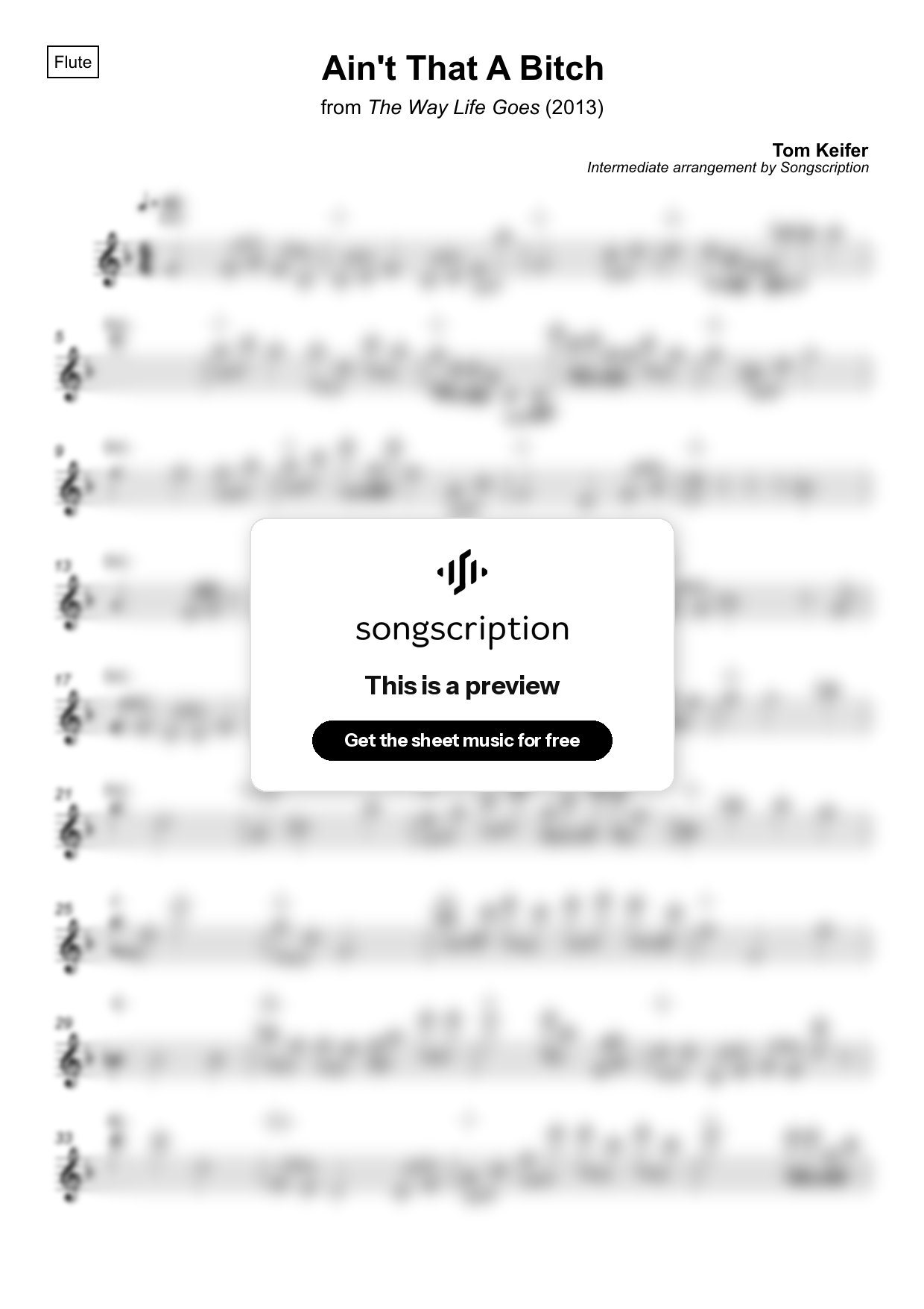 Intermediate Flute Sheet Music for "Ain't That A Bitch" by Tom Keifer