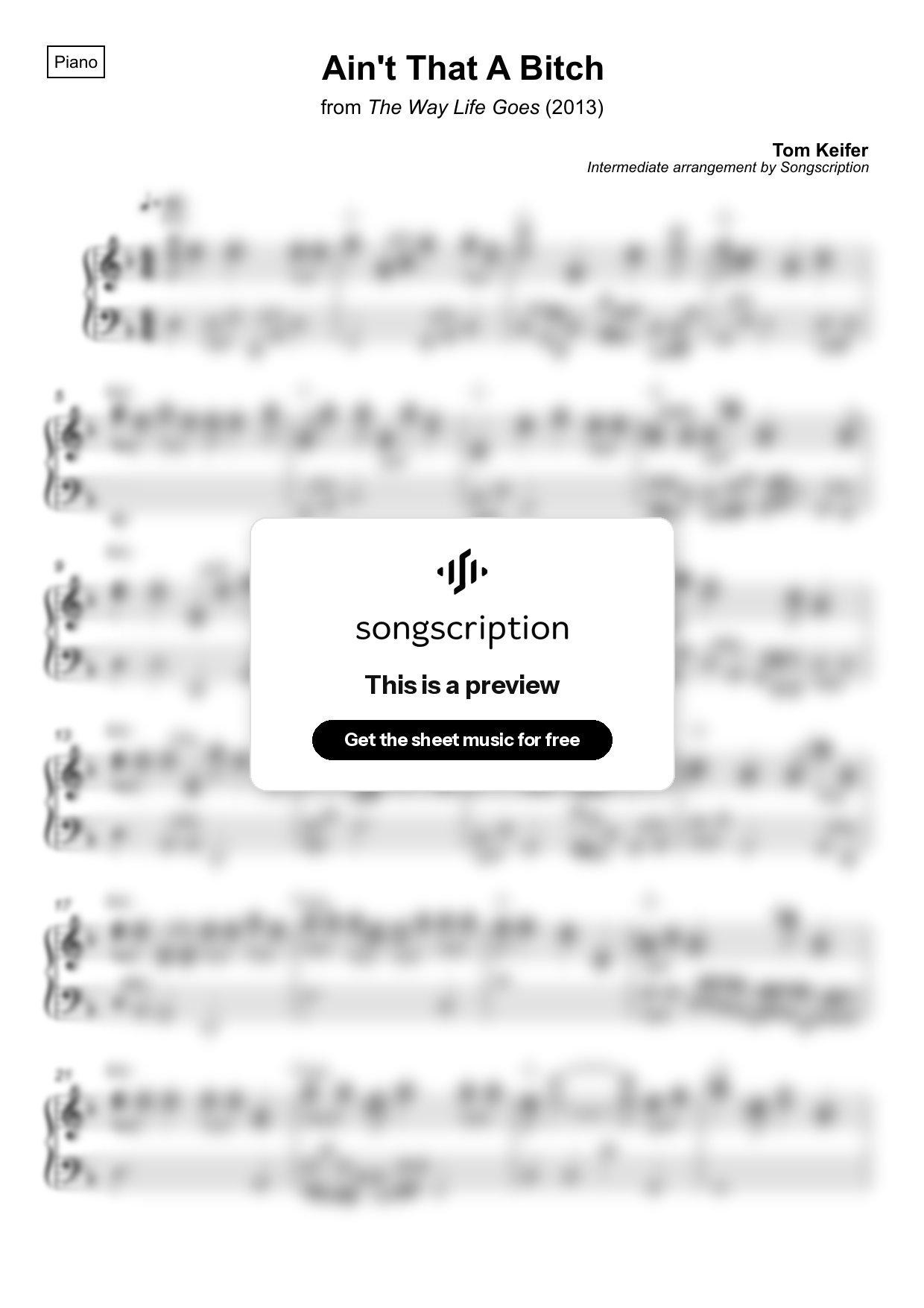 Intermediate Piano Sheet Music for "Ain't That A Bitch" by Tom Keifer