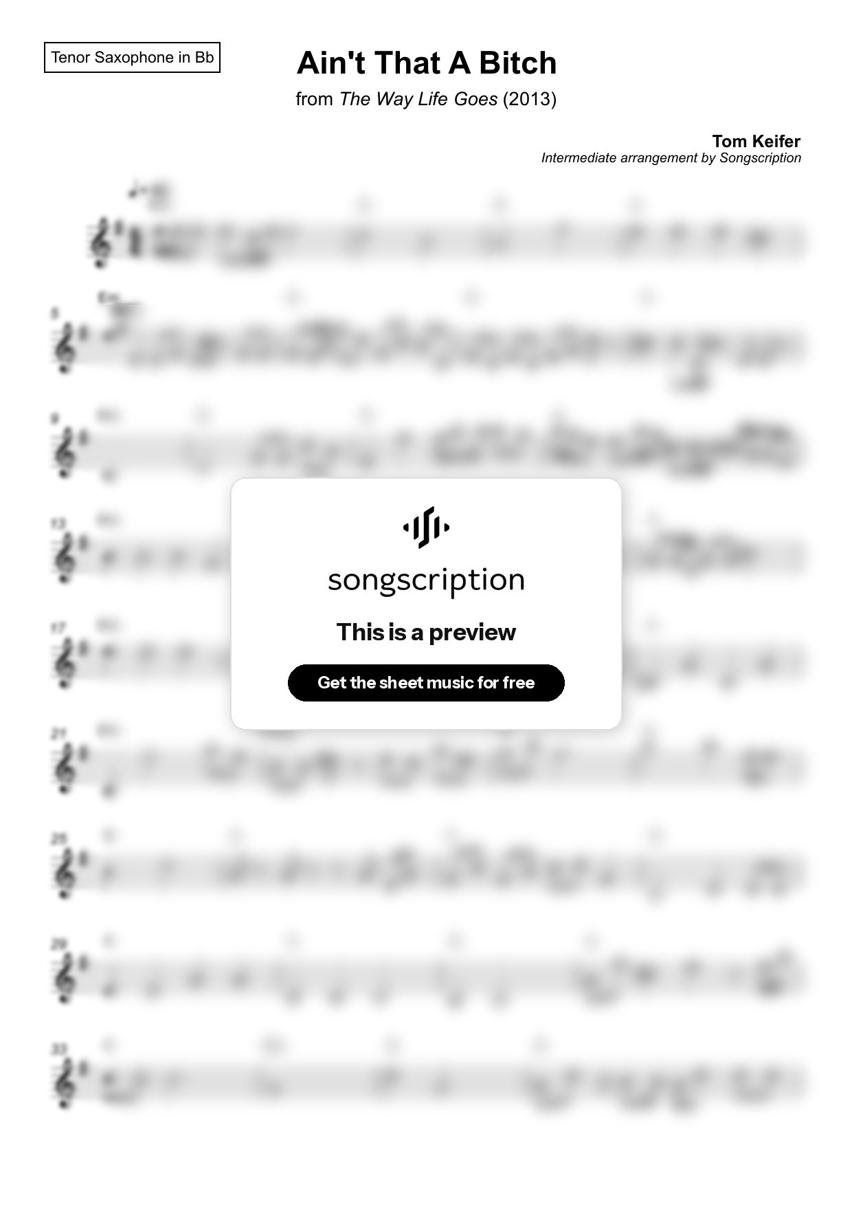 Intermediate Tenor Sax Sheet Music for "Ain't That A Bitch" by Tom Keifer