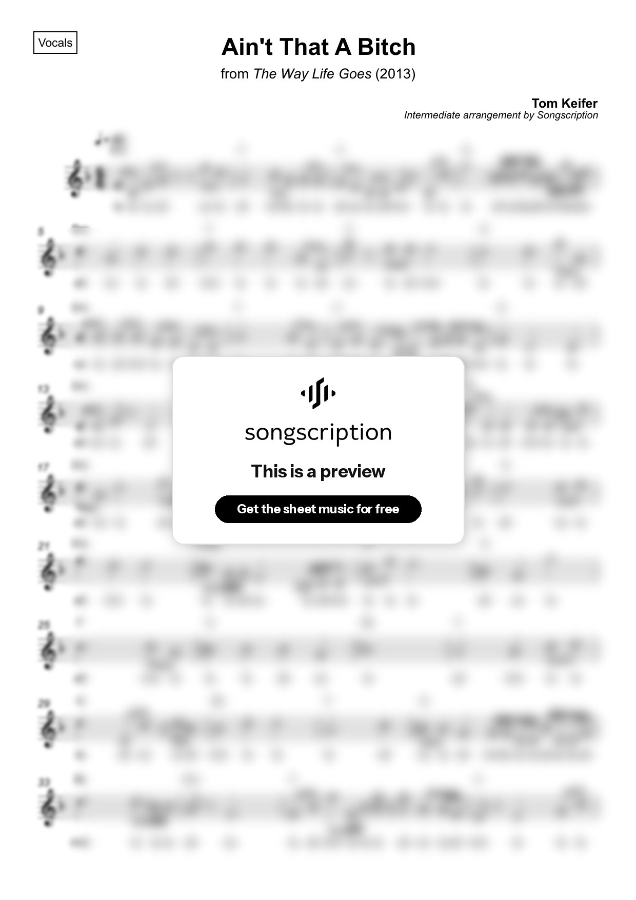 Intermediate Vocals Sheet Music for "Ain't That A Bitch" by Tom Keifer