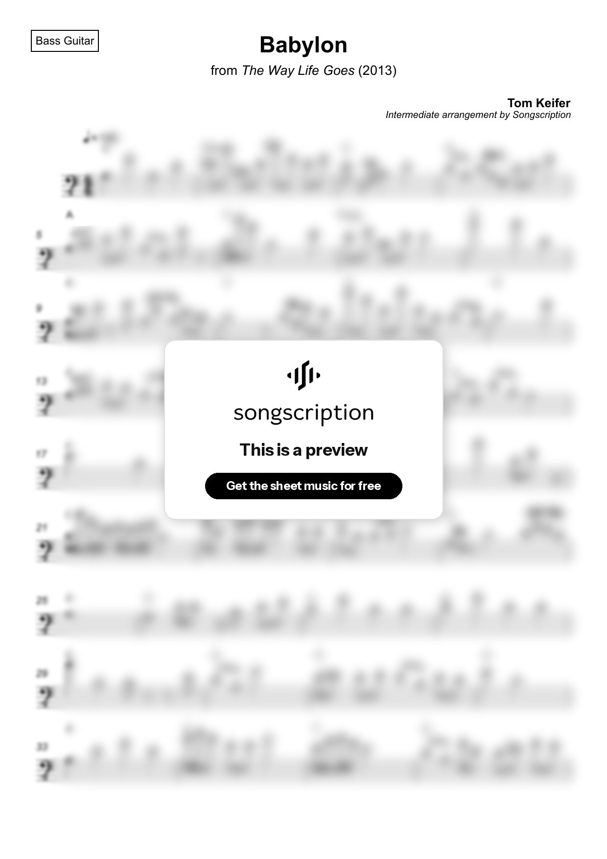 Intermediate Bass Guitar Sheet Music for "Babylon" by Tom Keifer