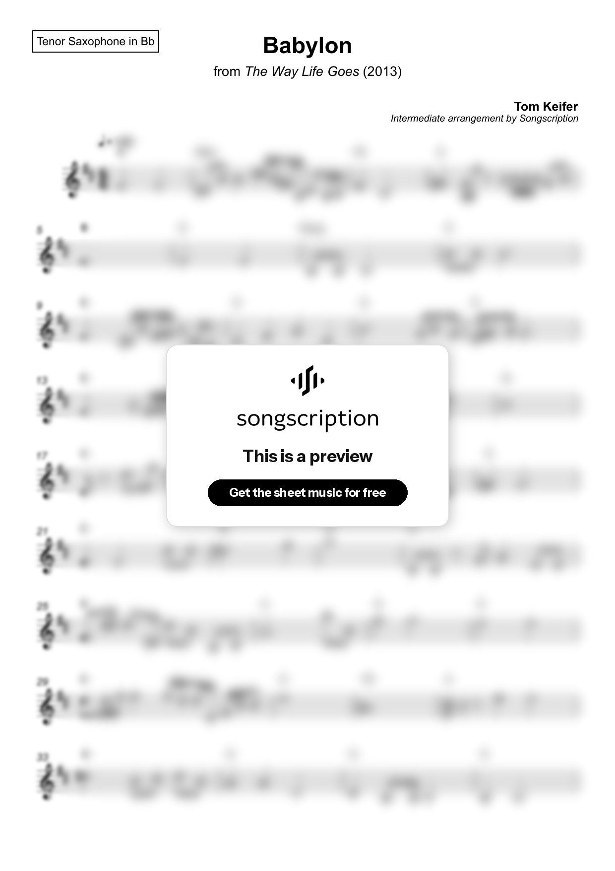 Intermediate Tenor Sax Sheet Music for "Babylon" by Tom Keifer