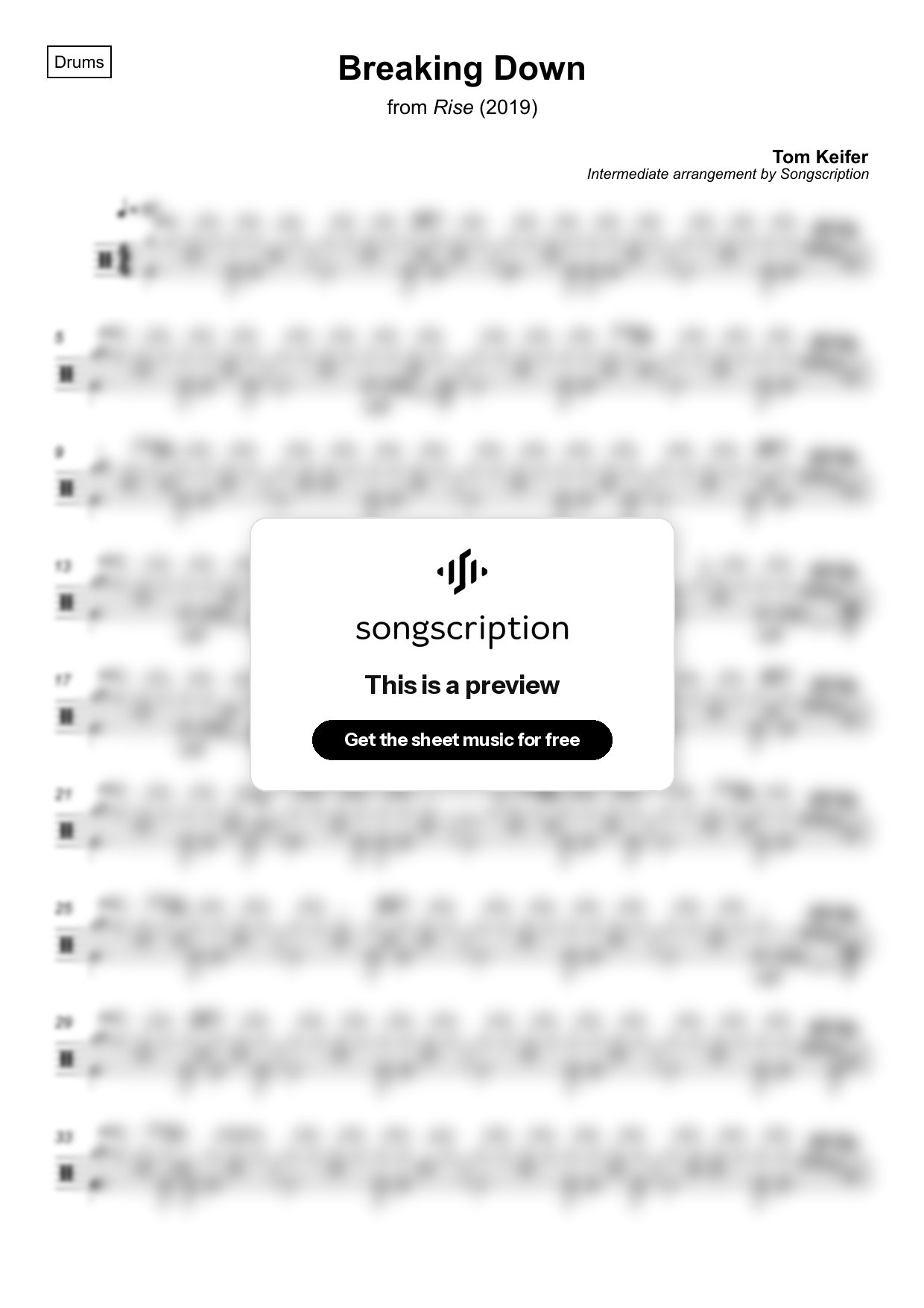 Intermediate Drums Sheet Music for "Breaking Down" by Tom Keifer