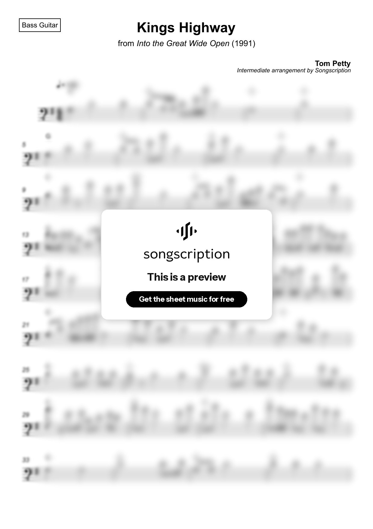 Intermediate Bass Guitar Sheet Music for "Kings Highway" by Tom Petty