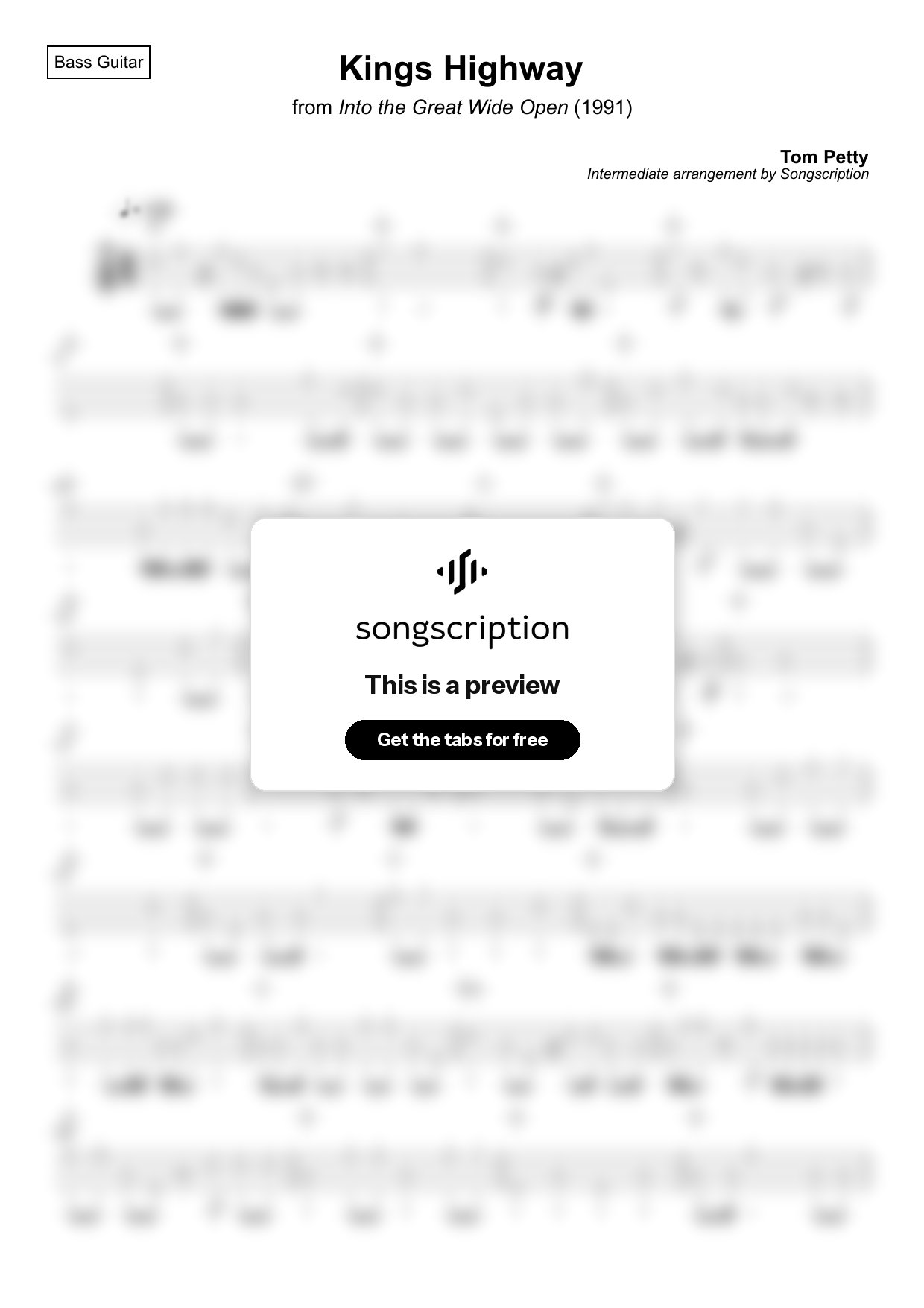 Intermediate Bass Guitar Tabs for "Kings Highway" by Tom Petty