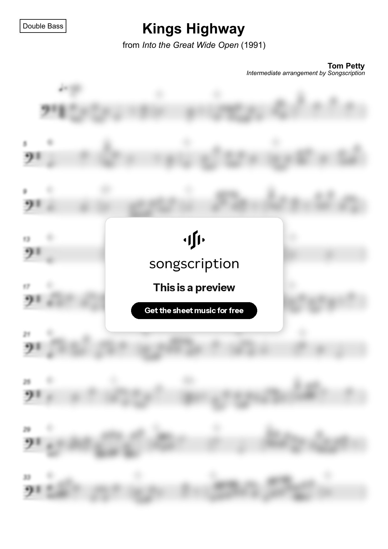 Intermediate Double Bass Sheet Music for "Kings Highway" by Tom Petty