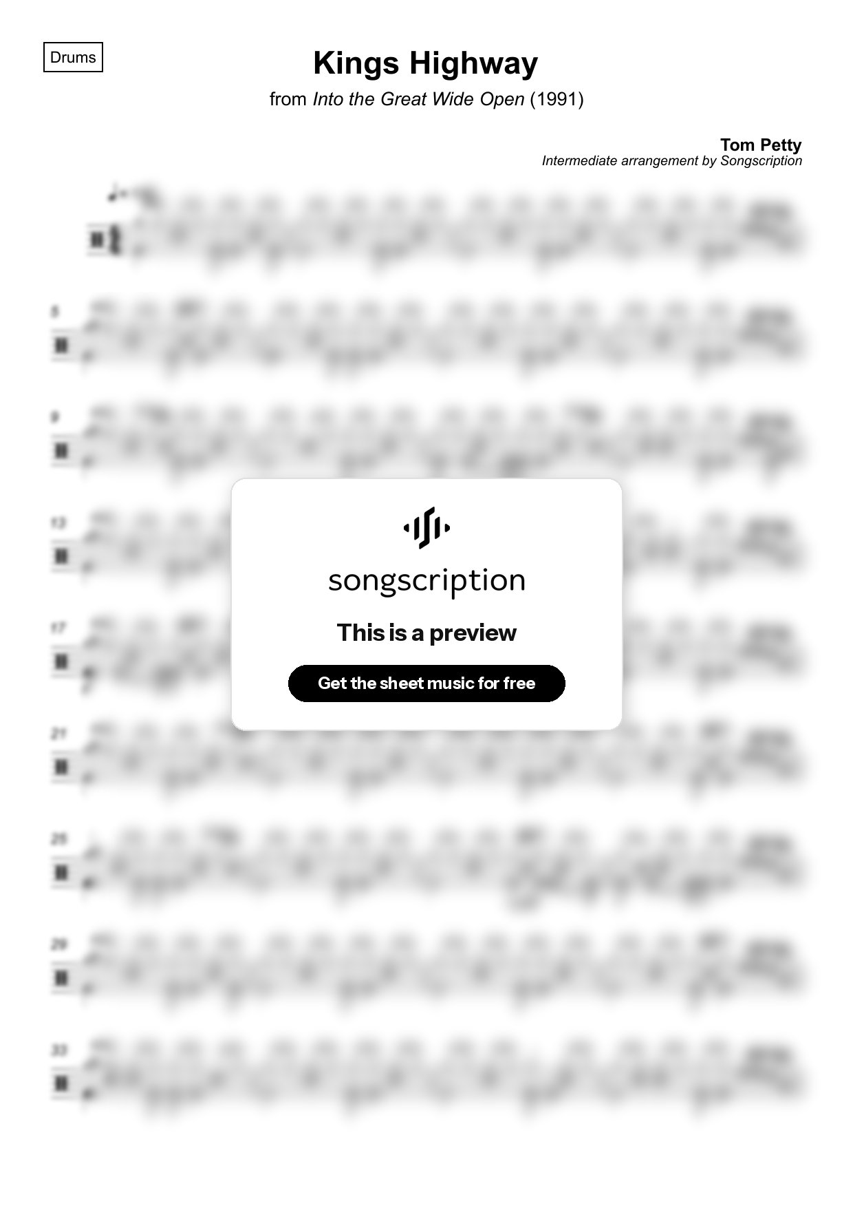 Intermediate Drums Sheet Music for "Kings Highway" by Tom Petty