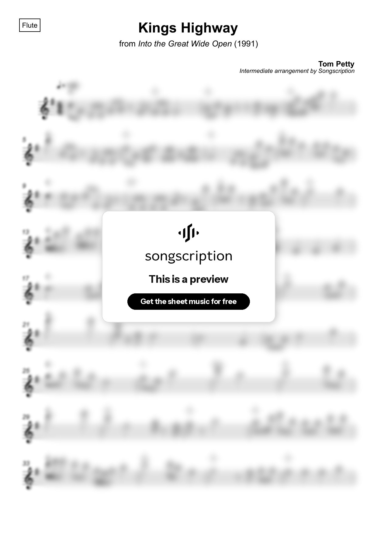 Intermediate Flute Sheet Music for "Kings Highway" by Tom Petty