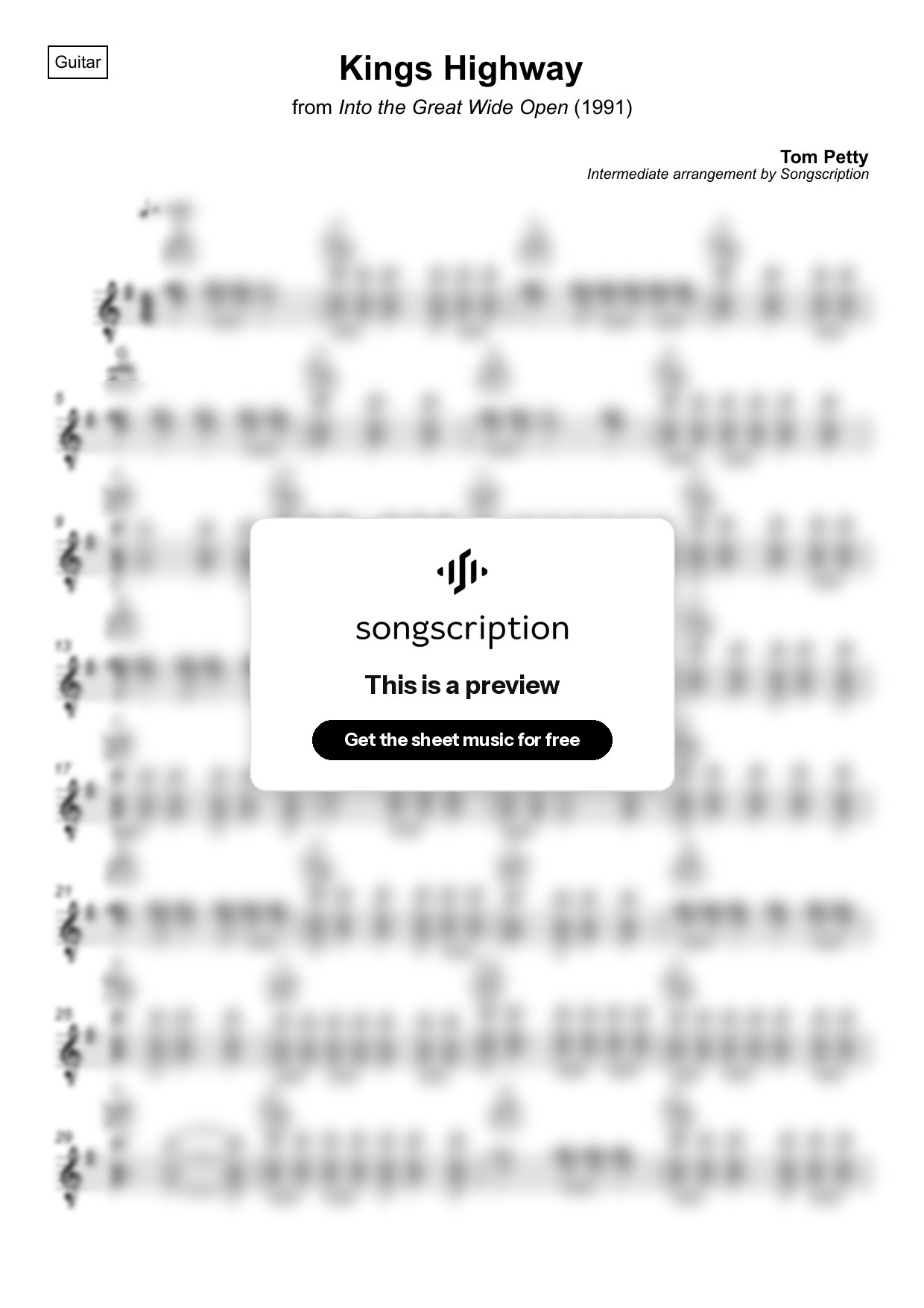 Intermediate Acoustic Guitar Sheet Music for "Kings Highway" by Tom Petty
