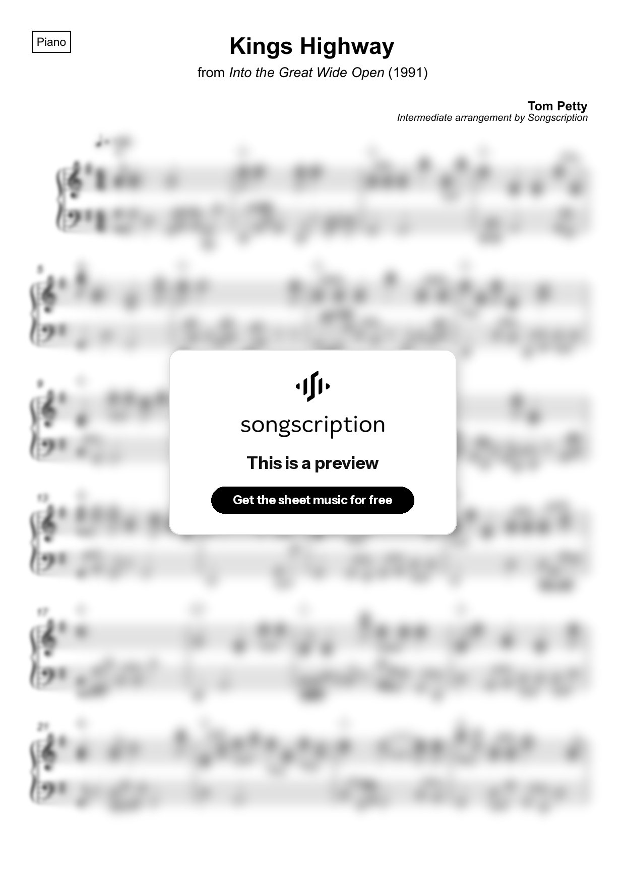 Intermediate Piano Sheet Music for "Kings Highway" by Tom Petty