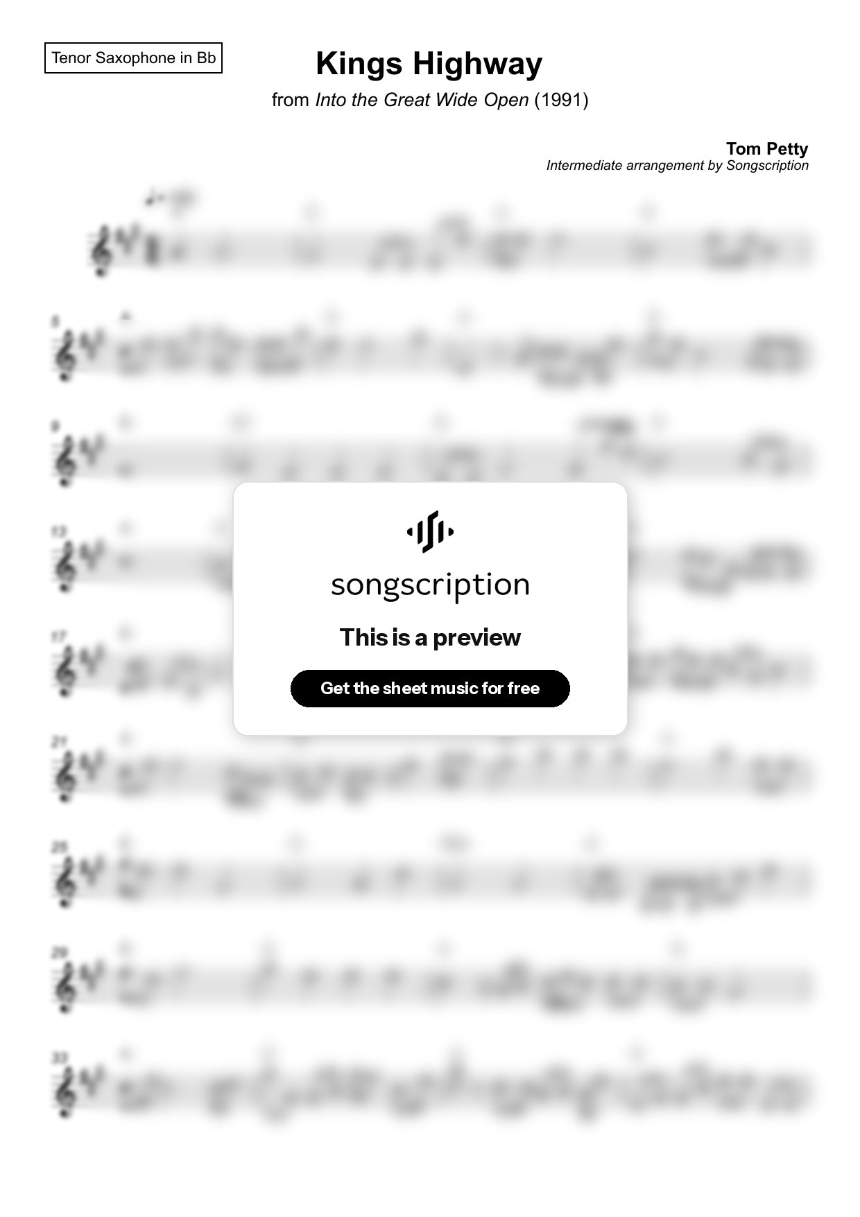 Intermediate Tenor Sax Sheet Music for "Kings Highway" by Tom Petty