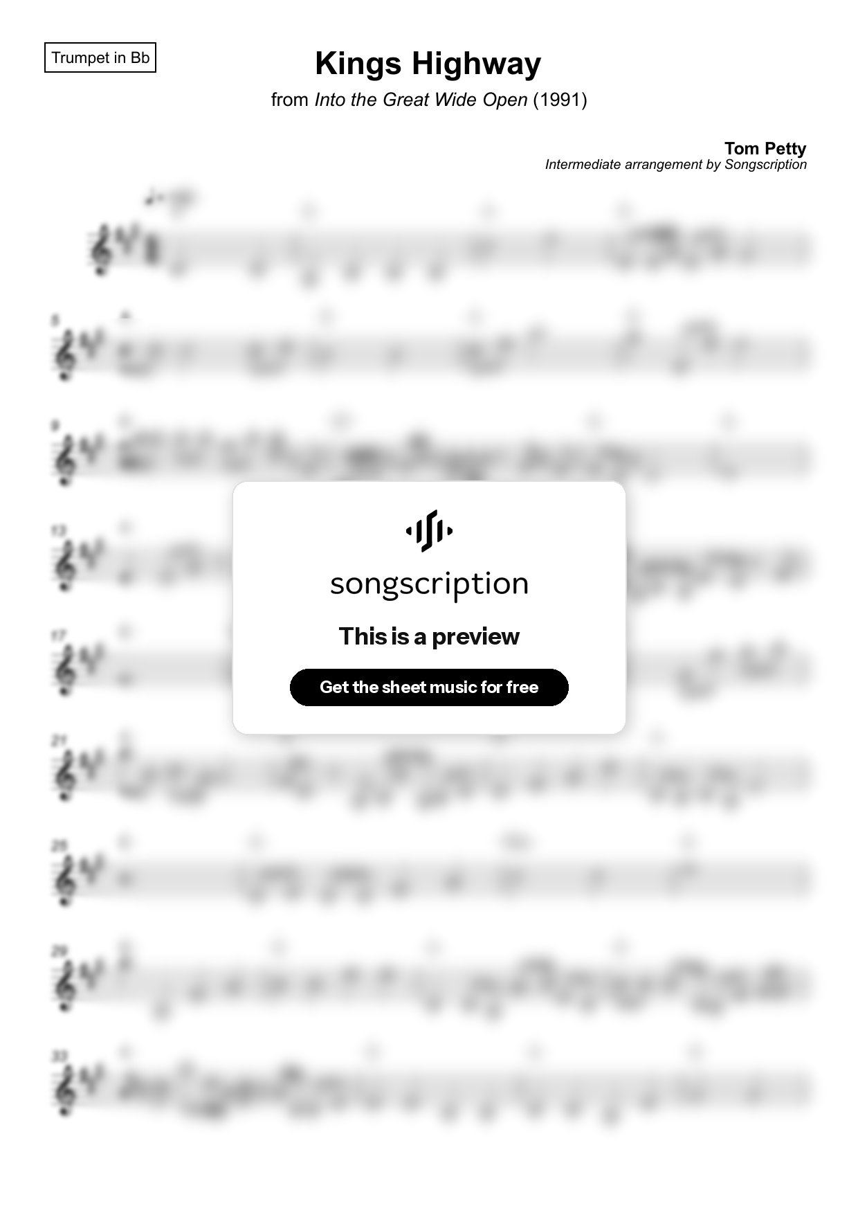 Intermediate Trumpet Sheet Music for "Kings Highway" by Tom Petty