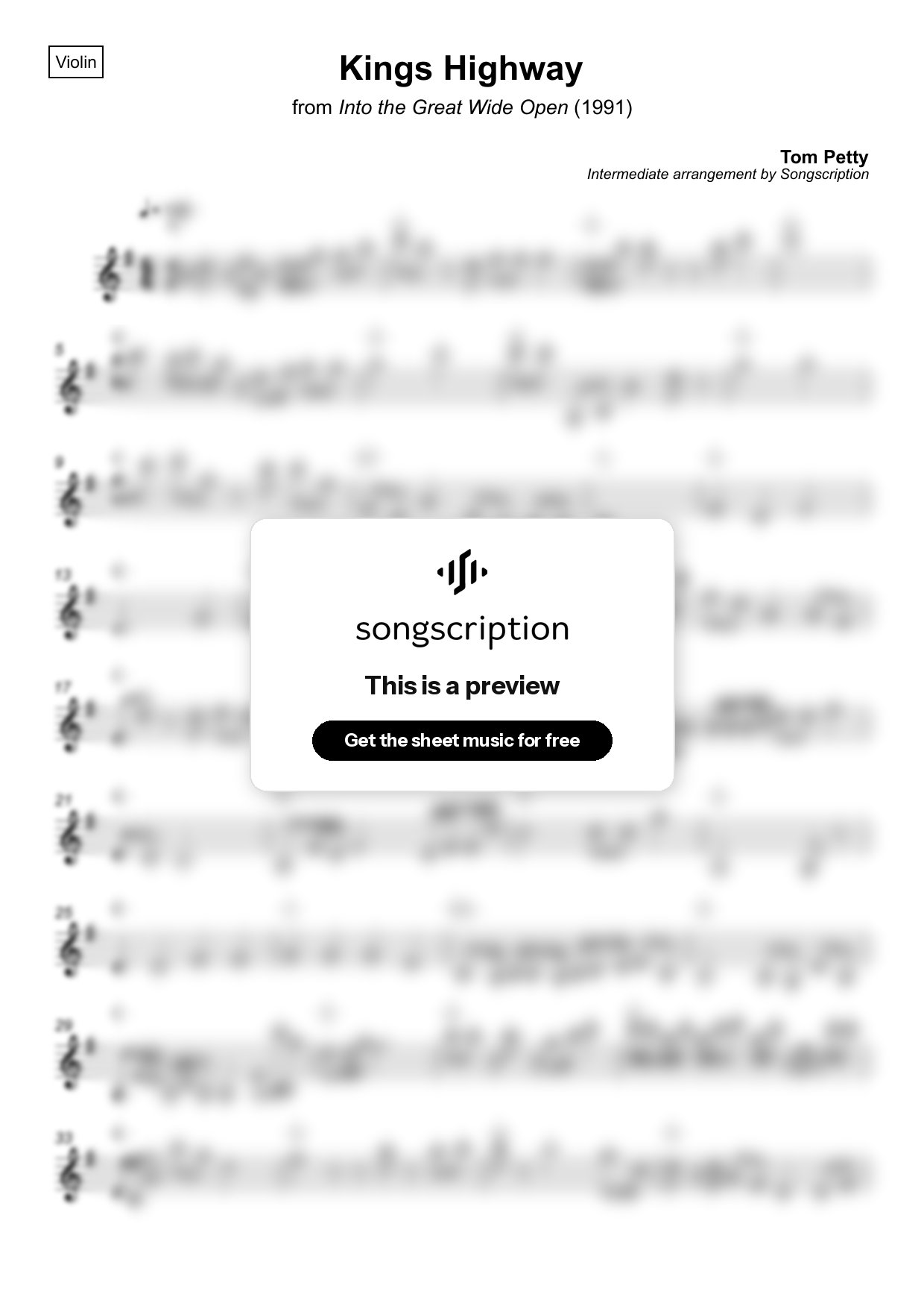 Intermediate Violin Sheet Music for "Kings Highway" by Tom Petty