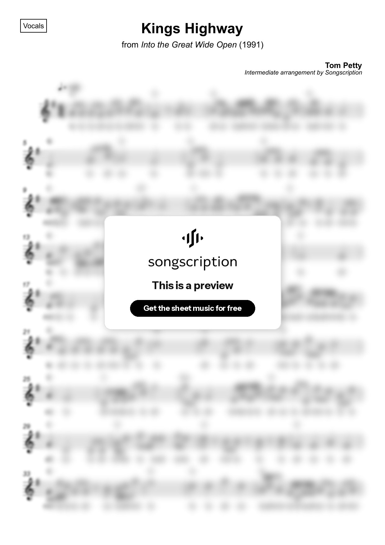 Intermediate Vocals Sheet Music for "Kings Highway" by Tom Petty